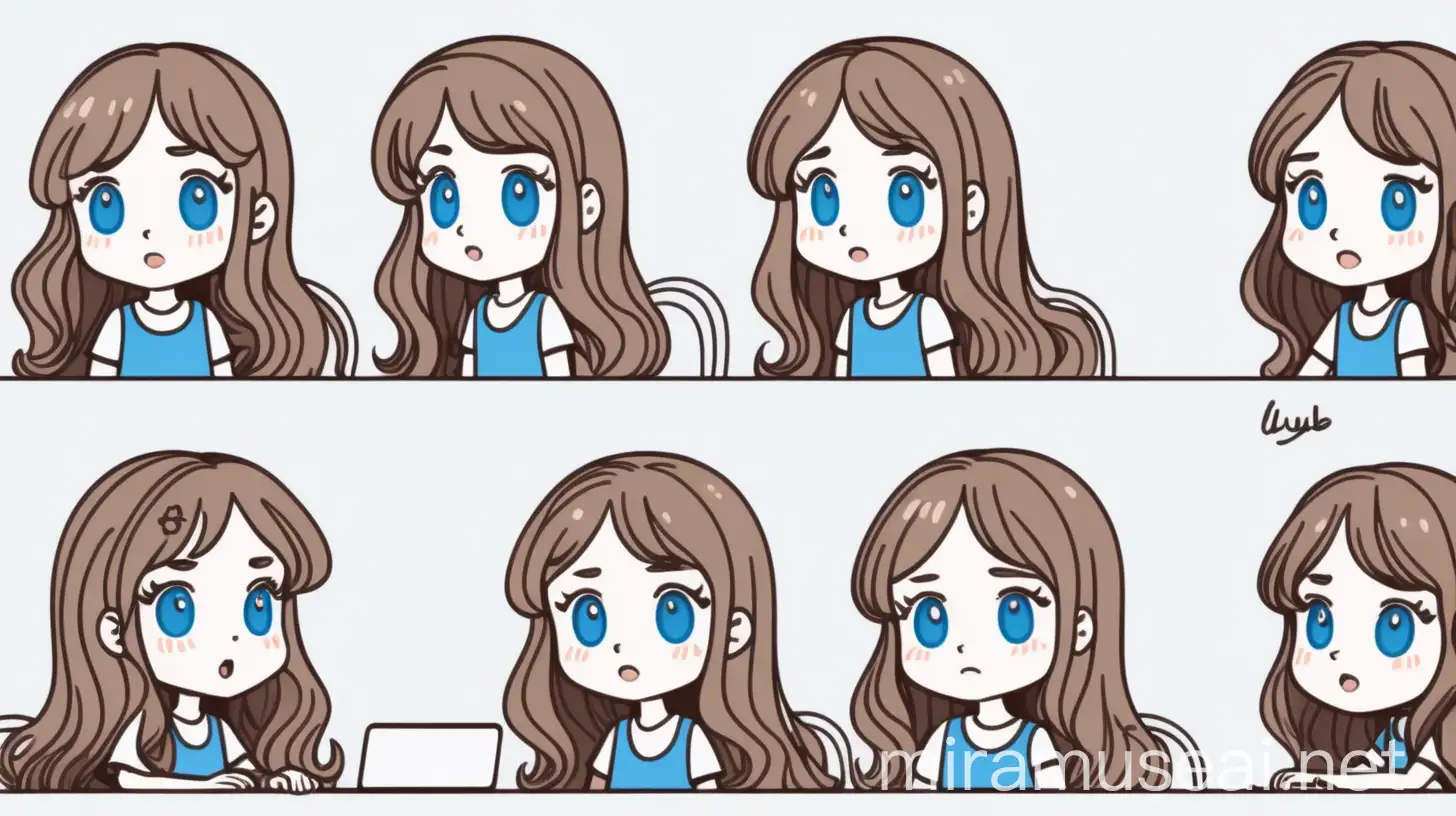 Brown Haired Girl with Wavy Hair Expressions Doodle Style Minimalist Illustration