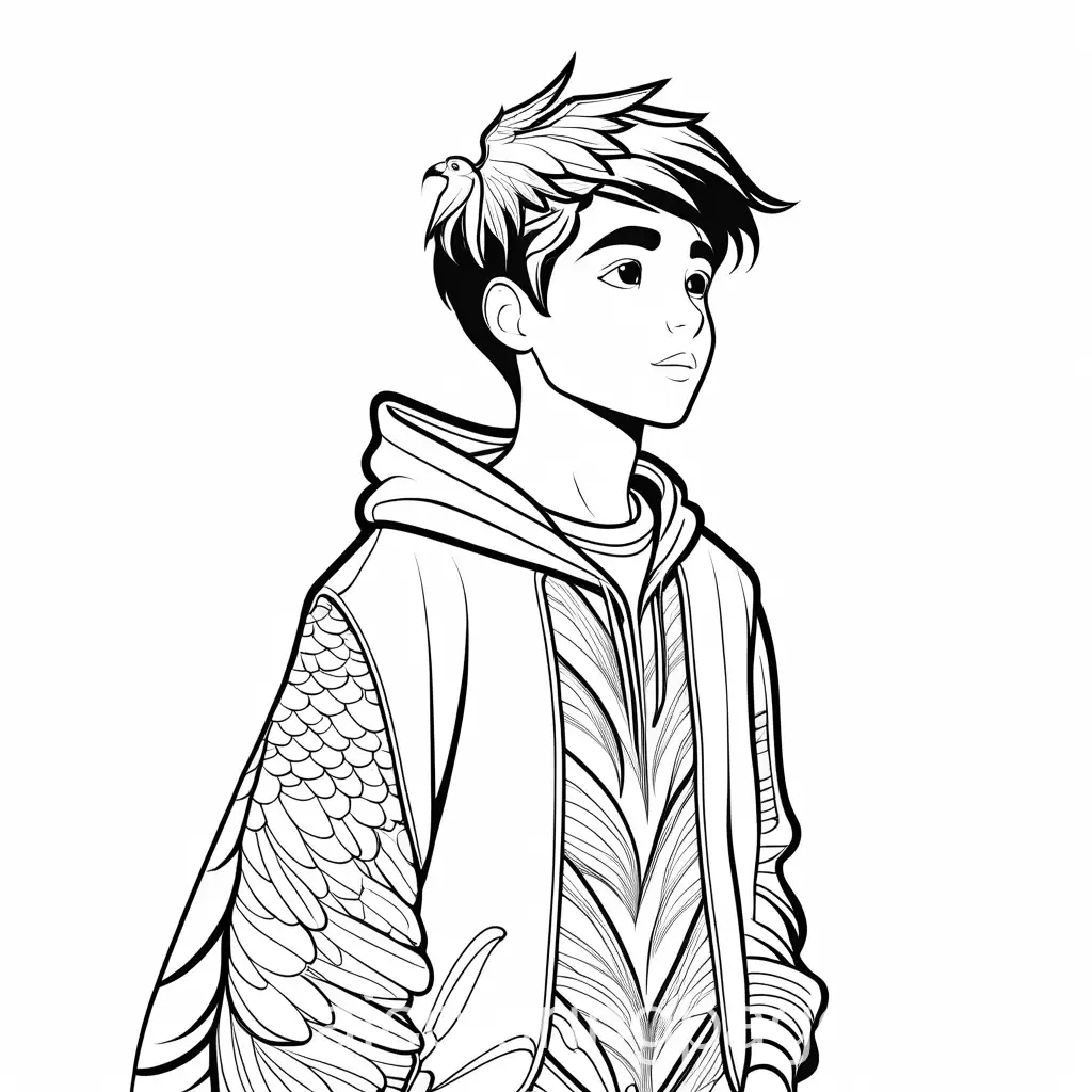 Teenage Boy in a parrot outfit, Coloring Page, black and white, line art, white background, Simplicity, Ample White Space.