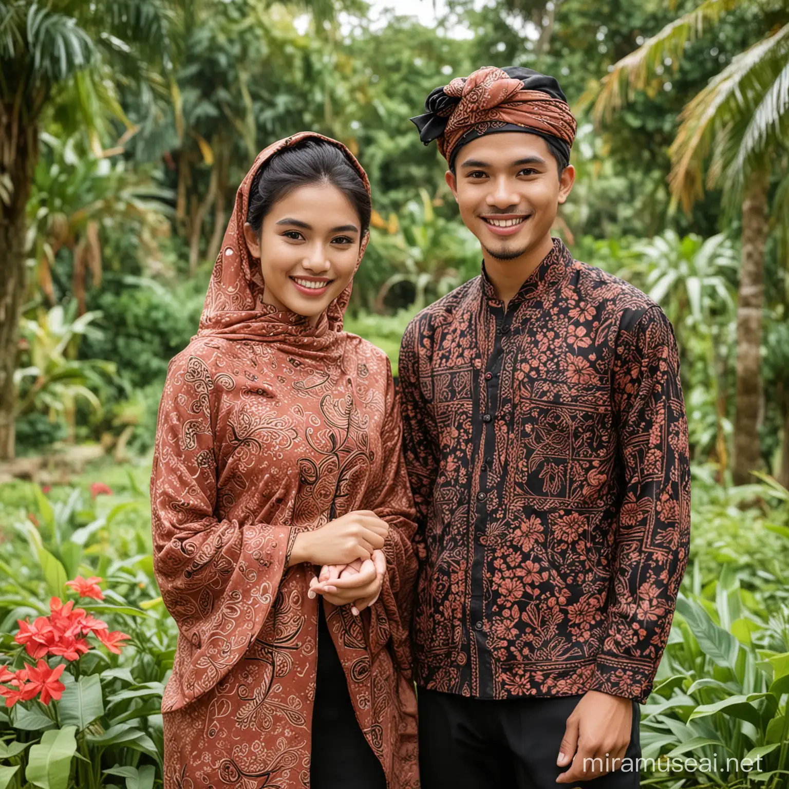 pre-wedding photo of a 19 year old Indonesian woman and man, the man is wearing typical Javanese batik and black trousers, the woman is wearing very beautiful make-up, wearing natural slightly reddish lipstick, wearing typical Javanese batik, wearing a headscarf and wearing a sarong, posing as if walking, and smiling, tea garden background.