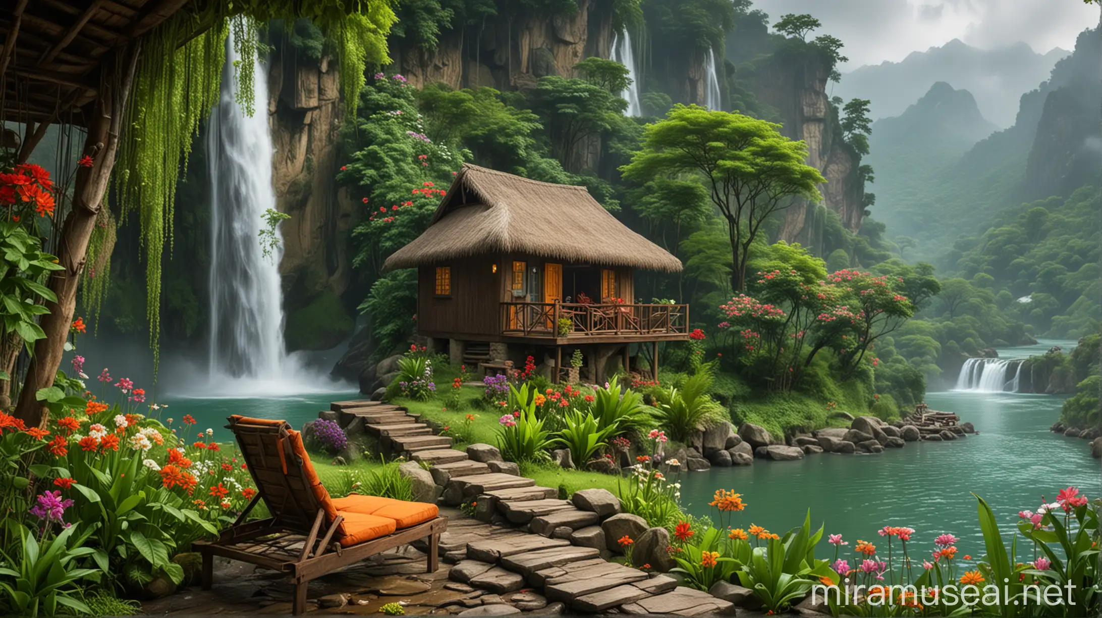 moonsoon house at mountain with flowers and waterfall and sitting chairs a waterfall with a hut and a lake, in the style of 32k uhd, moonsoon emerald and green, colorful dreams, romantic riverscapes, beautiful scenery waterfall view