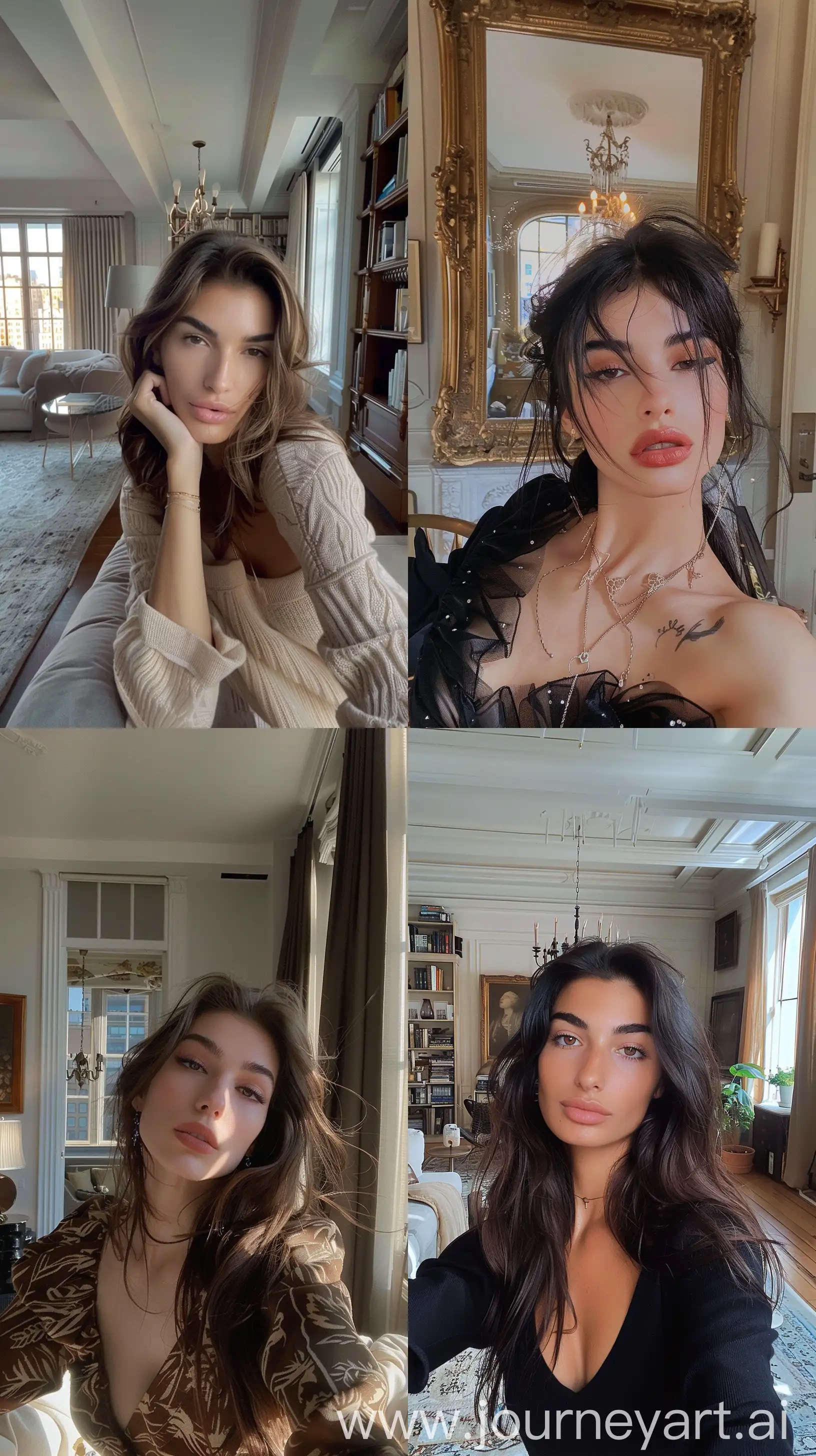 Aesthetic Instagram selfie of Tiktok star Kallmekris, in fancy New York apartment, wide set, looking into camera, throw face away in room --ar 9:16