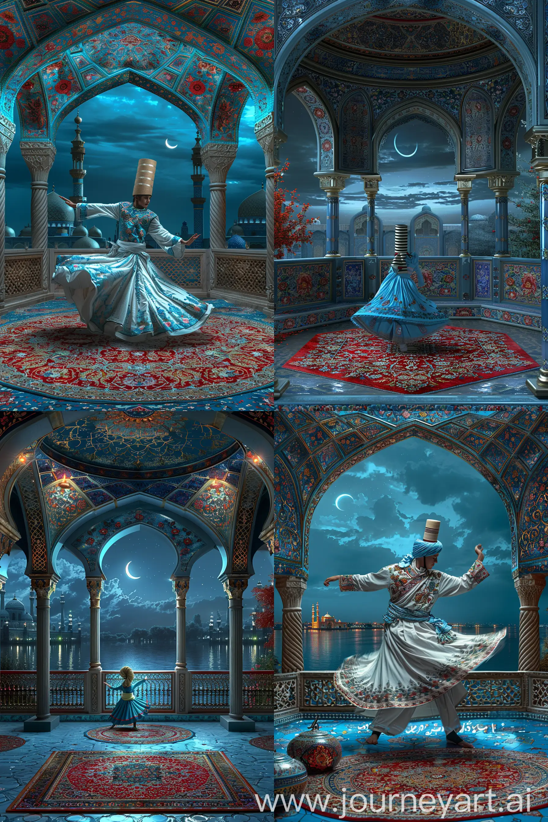 A youth British dervish wearing cylindrical fez cap performing sufi whirling sema dance on a persian carpet, inside an octagonal balcony having three arches decorated with red blue gold persian floral motifs, serene night sky with a crescent, view of Persian tiled mosque having red blue floral decorations, blue red golden composition --v 6 --ar 2:3 --sref https://cdn.discordapp.com/attachments/1213041174428782623/1246562622023667812/IMG_20240326_220808.png?ex=665ed1a9&is=665d8029&hm=6f1f1e5aecf9df059ce5f3d1854b2b16f6bc230019908a9c600a623016147b28& --s 999 --style raw
