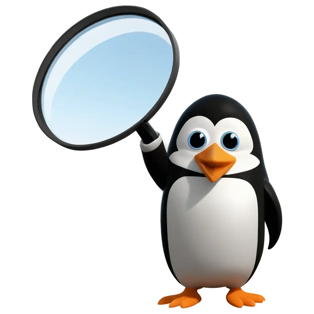 Generate a png image of by moving Penguine that is looking for something on Web with magnifying glass