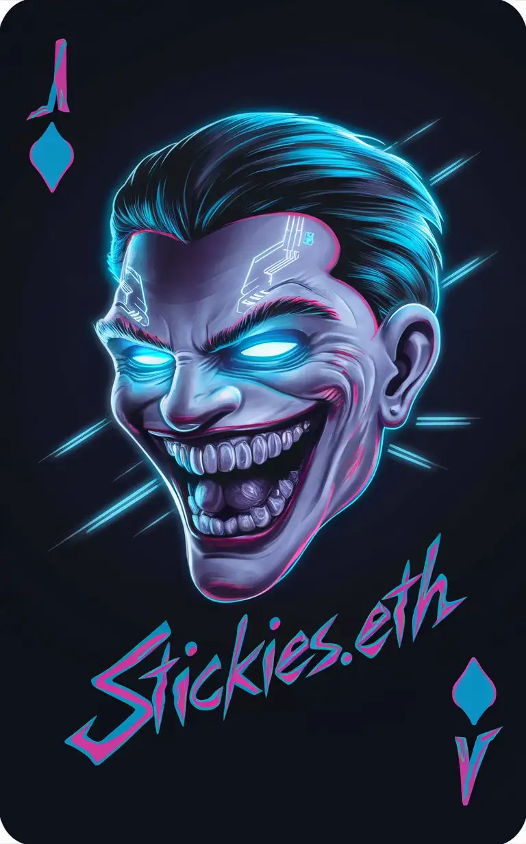The rear of a card with a cyberpunk style laughing joker face drawn and a fluorescent italic handwritten autograph saying:"Stickies.eth"