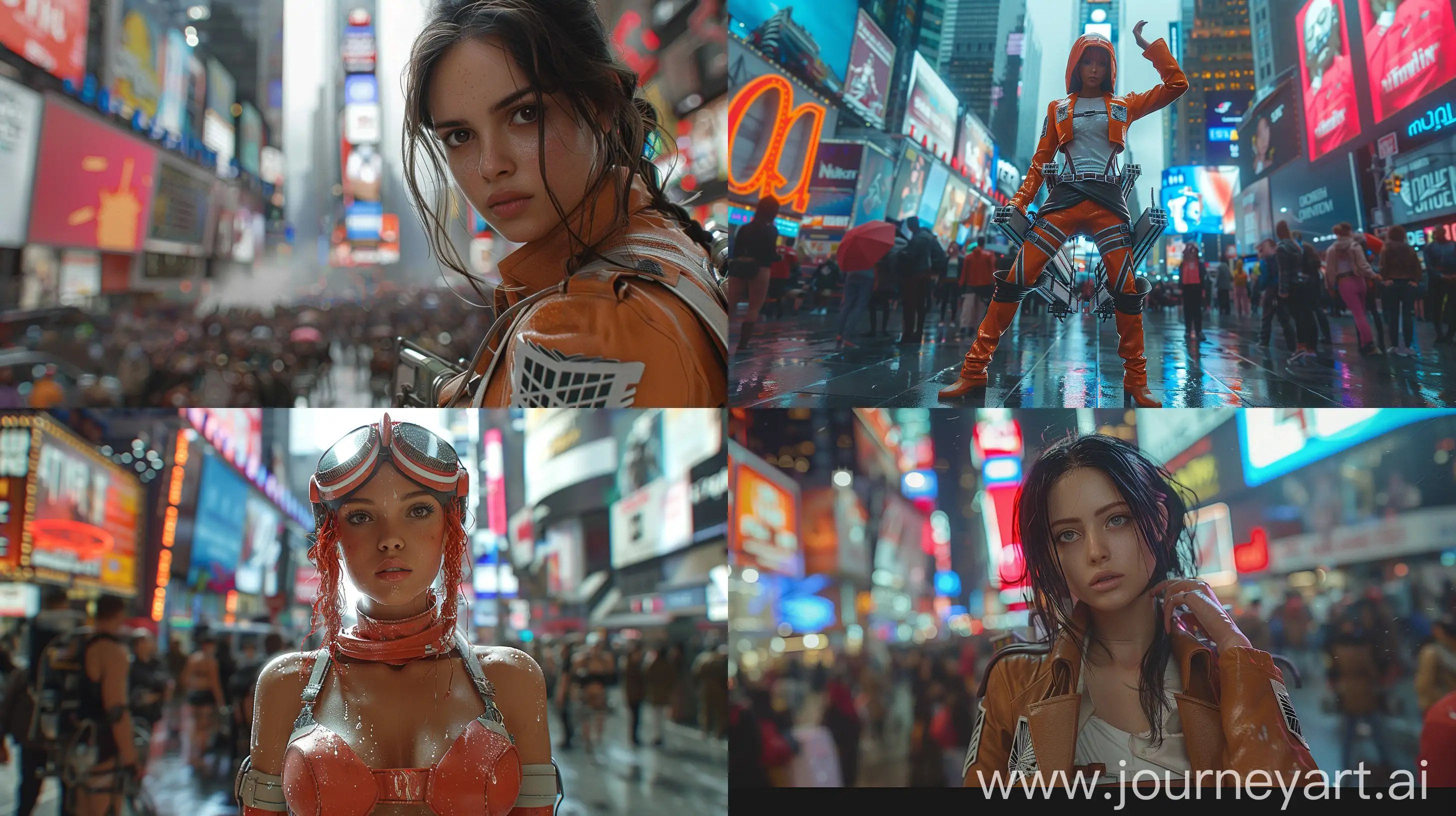 !mj1 Attack on Titan, titan female cosplayer in the heart of Times Square, New York City backdrop, bustling crowd, neon lights, urban, hyper-realistic textures, detailed costume, dynamic pose, dusk lighting, cinematic --ar 16:9 --s 700 --v 6