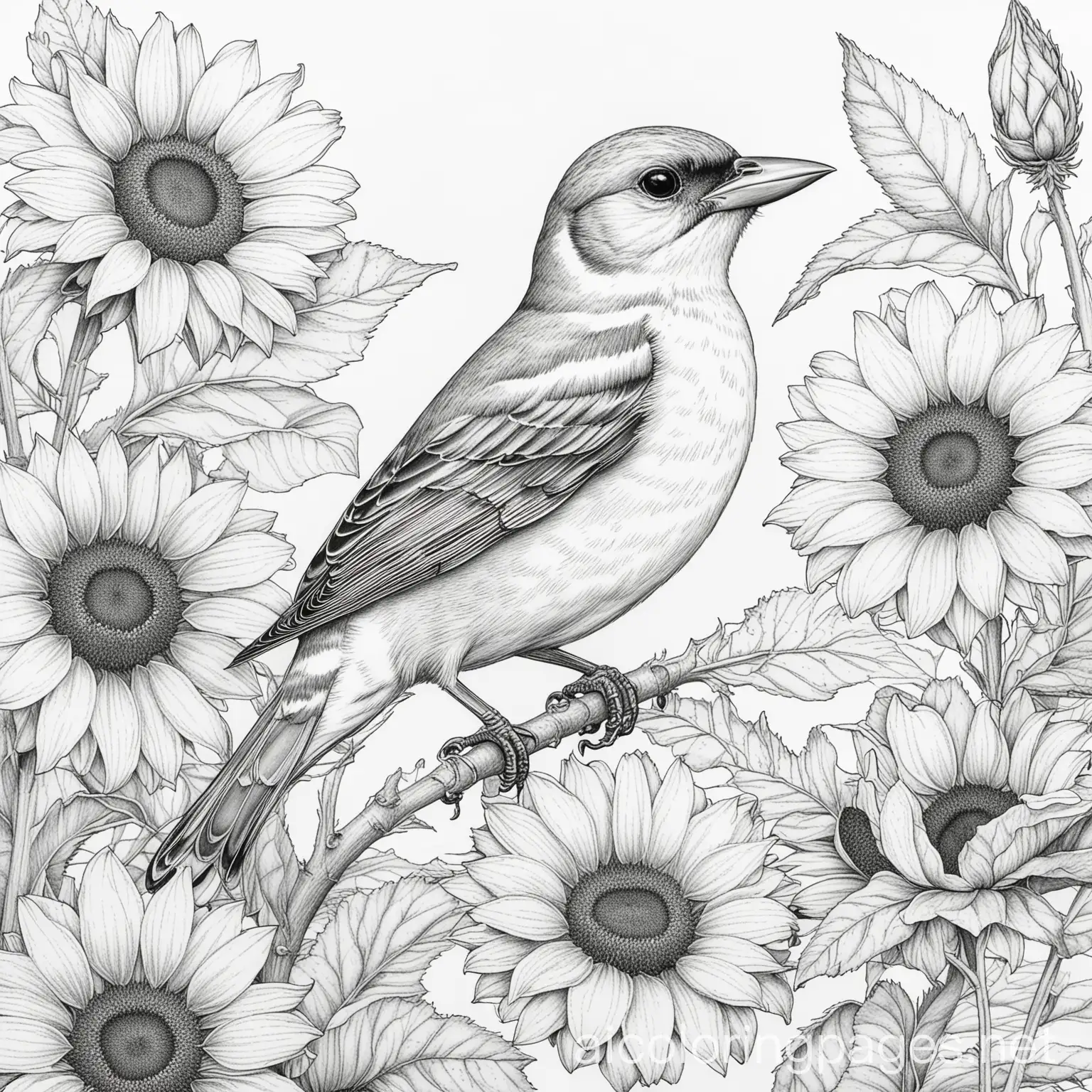 Baltimore Oriole with sunflowers and flowers
, Coloring Page, black and white, line art, white background, Simplicity, Ample White Space. The background of the coloring page is plain white to make it easy for young children to color within the lines. The outlines of all the subjects are easy to distinguish, making it simple for kids to color without too much difficulty