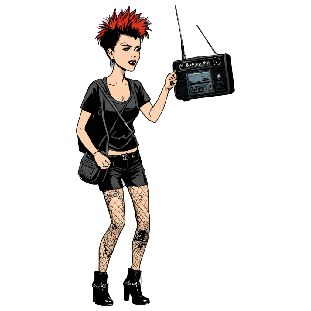 punk woman carrying a radio cartoon