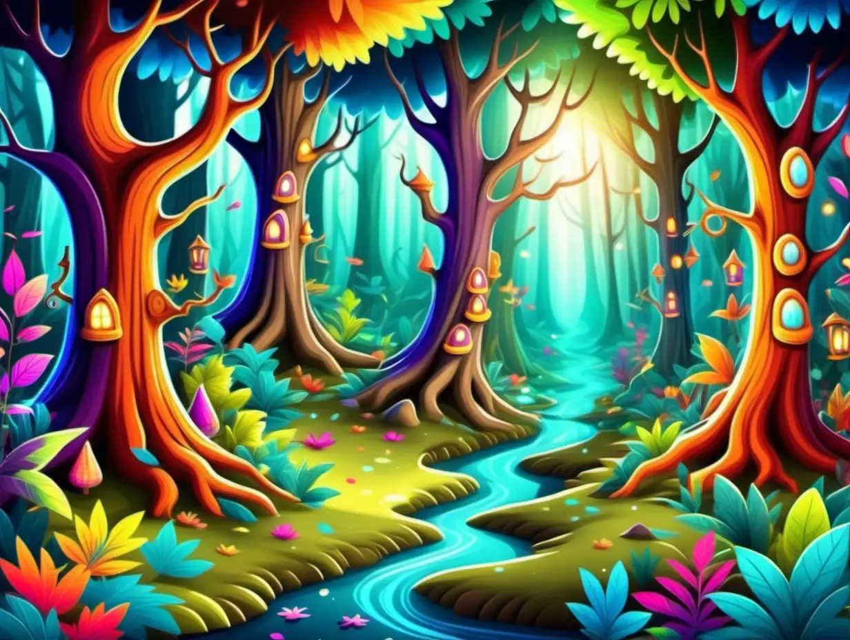 Cartoon magical enchanted forest, bright vibrant colors for boys