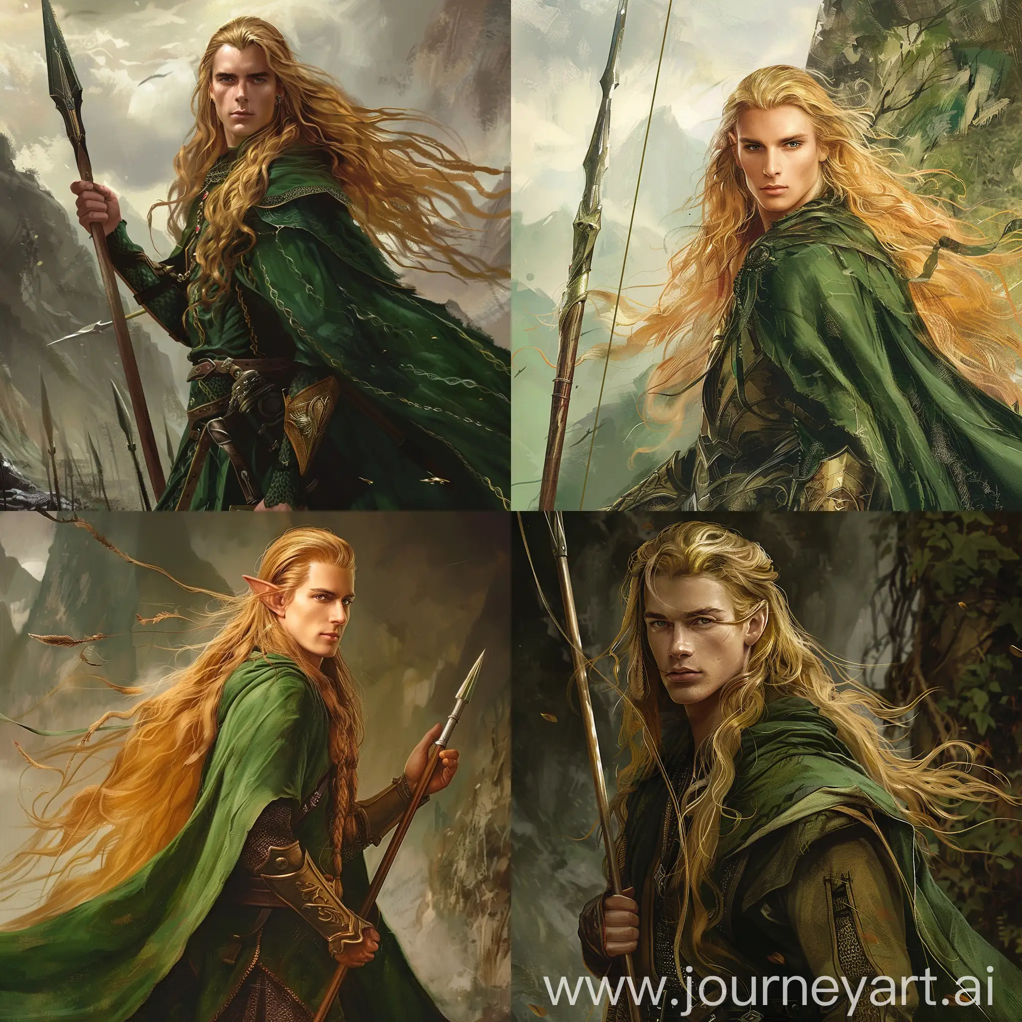 Young beautiful man with long golden hair, in the green mantle, with spear, illustration