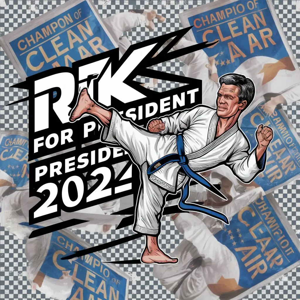 a logo design,with the text "RFK For President 2024", main symbol: A logo design, with the text "RFK For President 2024", main symbol: A cartoon style illustration of Robert F. Kennedy dressed in a karate gi, striking a dynamic martial arts pose. Kicking posters that reads 'Champion of clean air'. Transparent background.

(Note: The input does not appear to be in any language other than English, so no translation is necessary.),complex,clear background