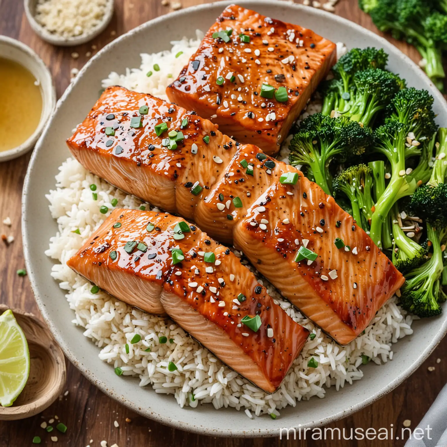 A mouth-watering picture of honey garlic salmon, garnished with sesame seeds and green onions, served with a side of steamed broccoli and rice.