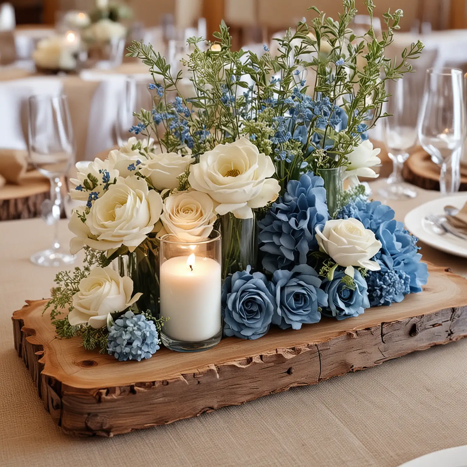 simple rustic blue and white wedding centerpiece with wood slab; nothing else in picture; keep background neutral;