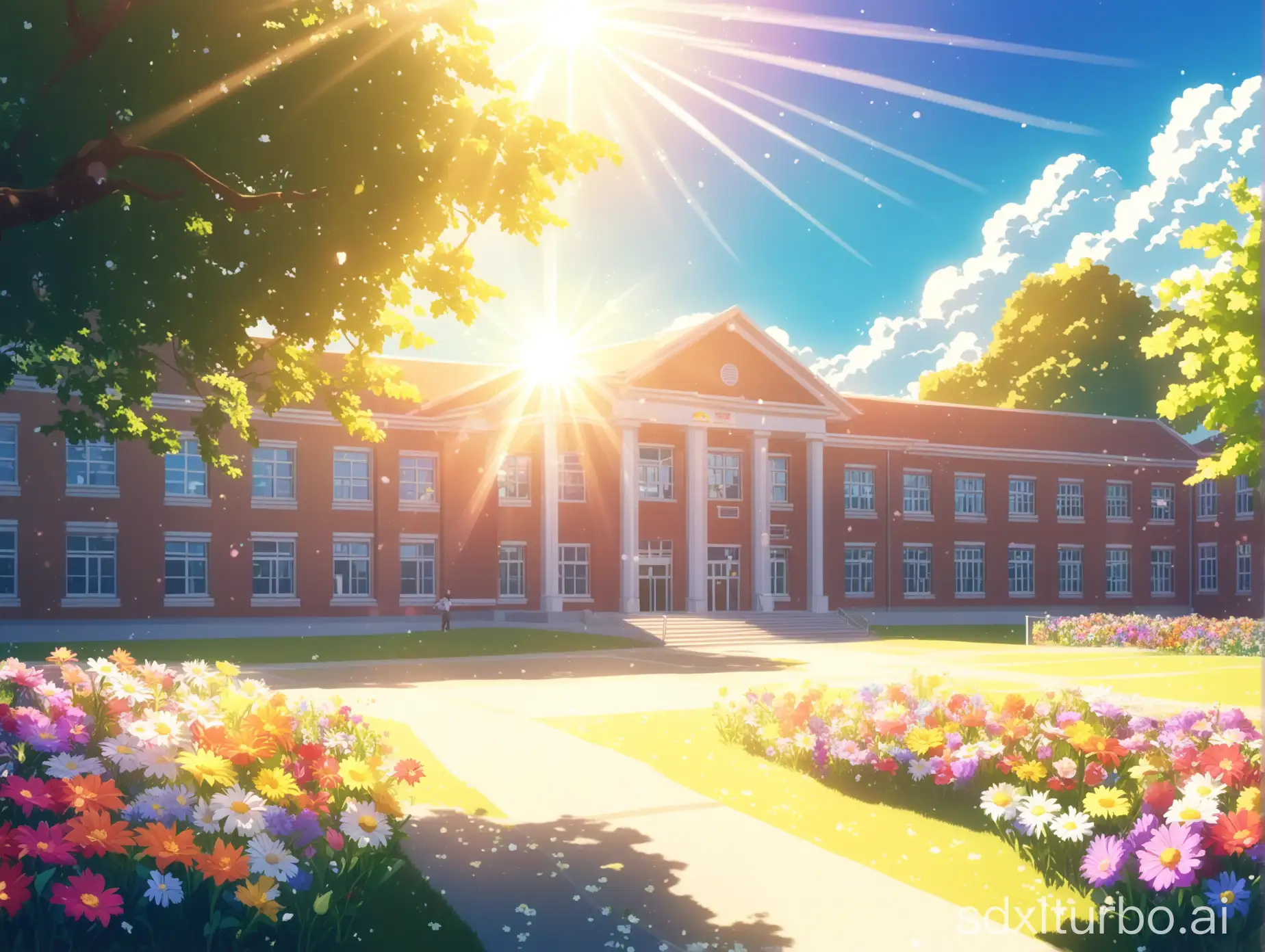 Animated style, small school campus, many fresh flowers, dazzling sunlight