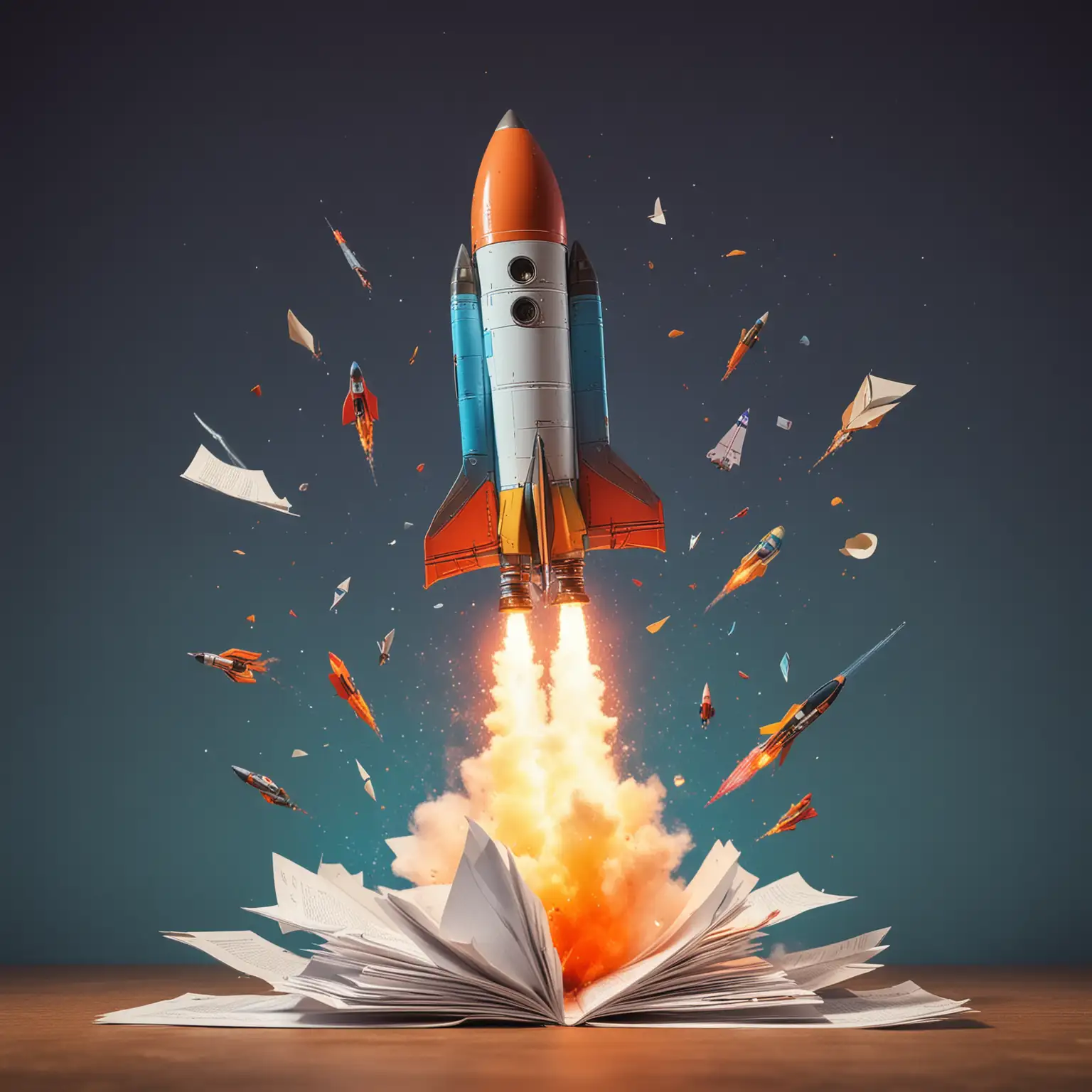 Rocket ship launching with documents flying out, vibrant colors, cartoon style, DSLR, wide-angle lens, minimal post-processing