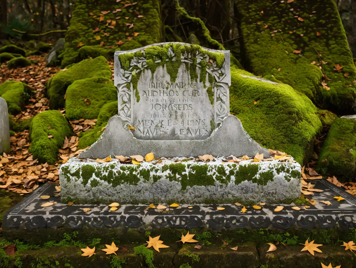Cracked tombstone covered with moss and dry leaves