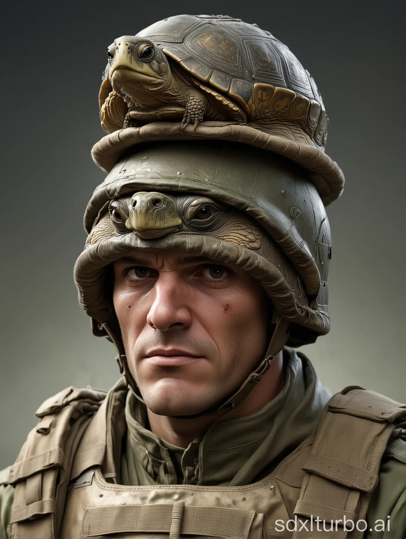 A battle weary BRITISH SOLDIER in full army gear is wearing a turtle on his head as an army helmet. This is a fully lifelike image in high resolution, clean focus realistic rendering .