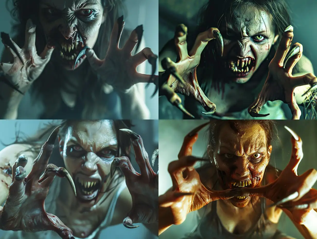 A hauntingly realistic scene of a nightmarish hungry zombie woman with clawed hands, her mouth agape, revealing a frightening display of pointed teeth resembling predatory fangs. She appears to be lurching towards you with long, pointed nails that are almost grotesquely reminiscent of beast claws, hyper-realism, photorealistic, cinematic, high detailed, nails detailed, detailed photo,horror, atmospheric lighting, full anatomical. human hands, very clear without flaws with five fingers
