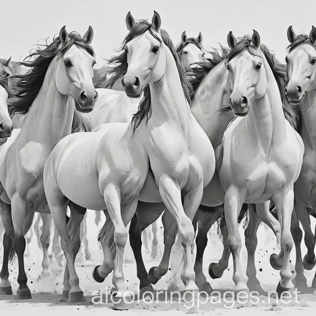 herd of horse, Coloring Page, black and white, line art, white background, Simplicity, Ample White Space