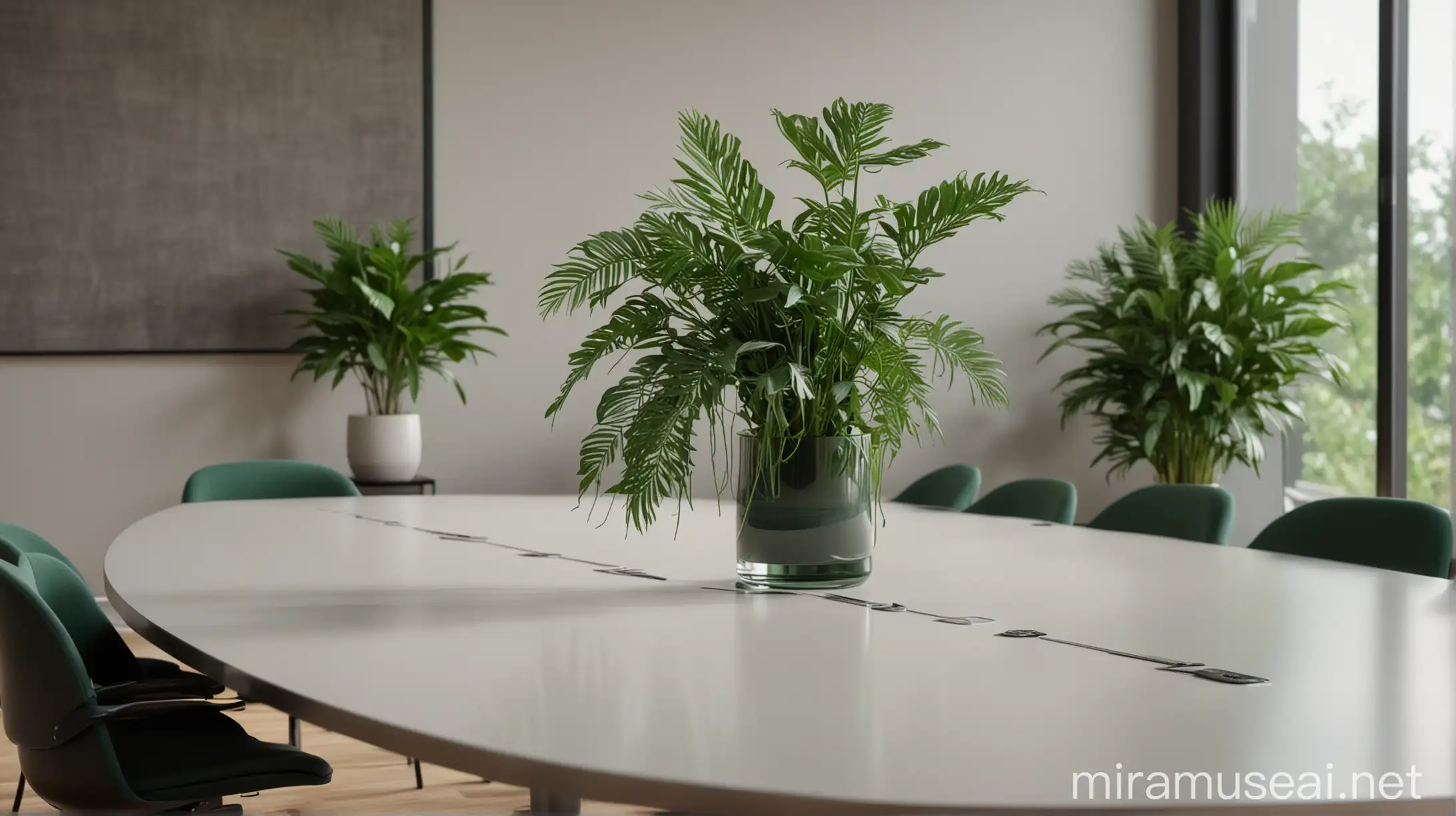 photorealistic image shot with Canon EOS R5, A close-up shot of a conference table, showcasing its minimalist design and the sleek, modern chairs surrounding it. The table is decorated with a vase of green plants, adding a touch of nature to the space. The camera angle is slightly tilted, creating a dynamic and inviting perspective.