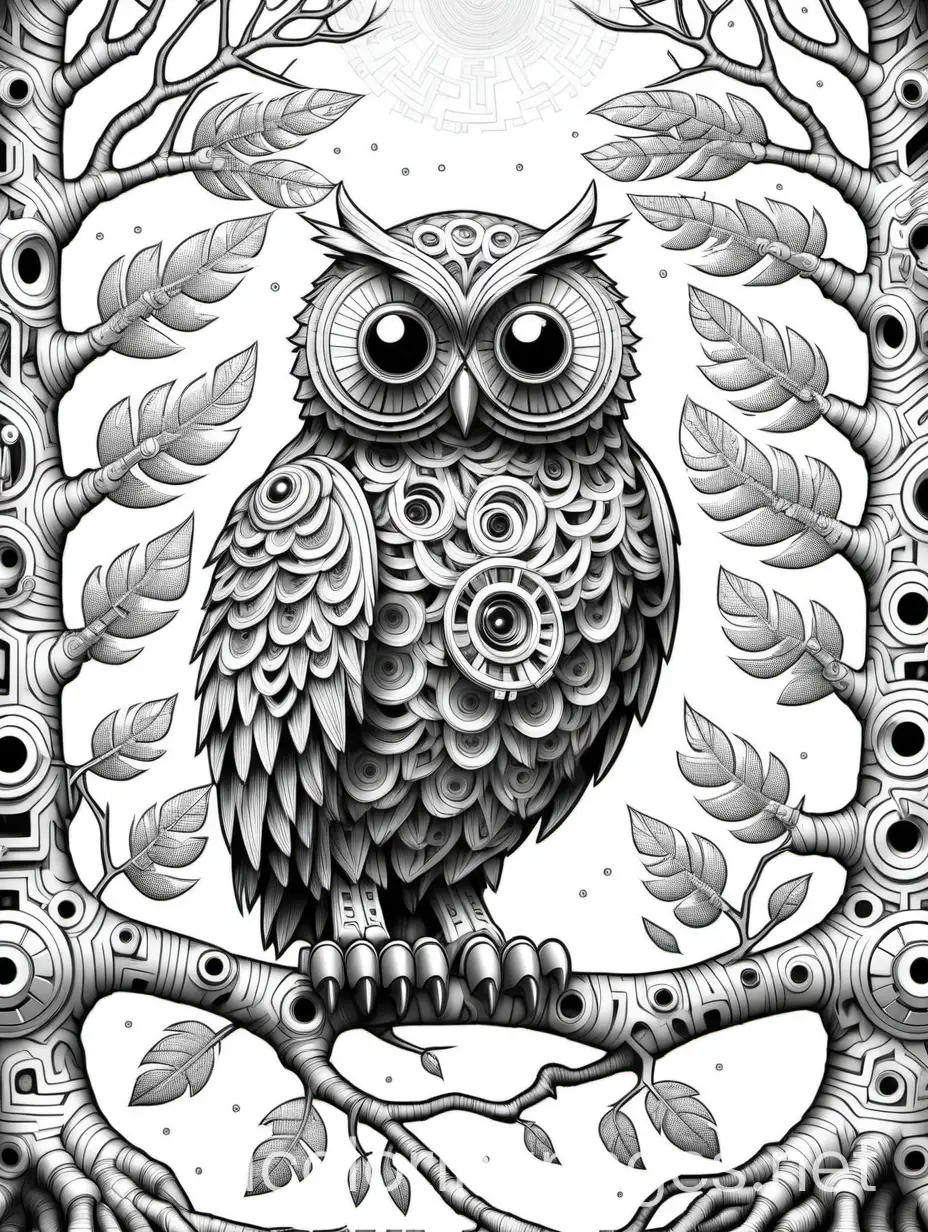 The Bot-Owl perched atop a virtual tree, its mechanical feathers meticulously crafted with intricate patterns, scanning the binary landscape with piercing, glowing eyes., Coloring Page, black and white, line art, white background, Simplicity, Ample White Space. The background of the coloring page is plain white to make it easy for young children to color within the lines. The outlines of all the subjects are easy to distinguish, making it simple for kids to color without too much difficulty