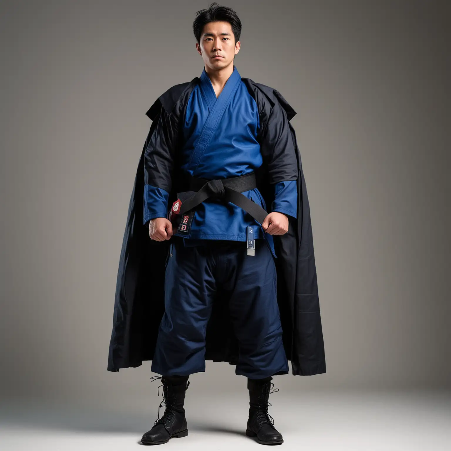 Strong Japanese Karate Fighter in Blue Gi with Samurai Pants and Cape