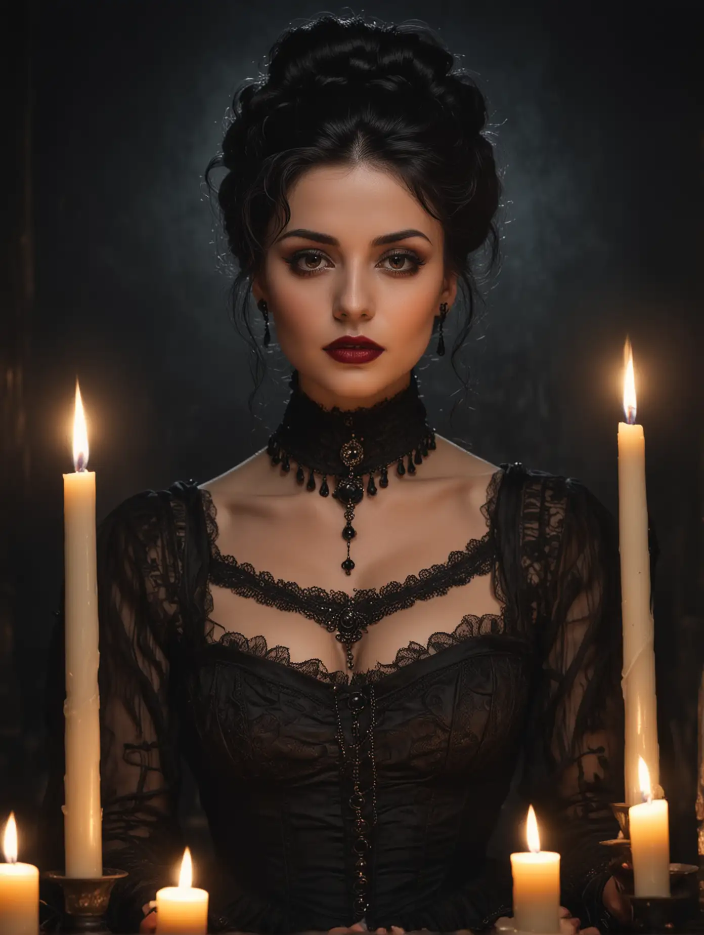 Beautiful gothic Victorian era woman portrait, small nose, full lips, black hair in voluminous updo, dark jewelry, lit candles surrounding her