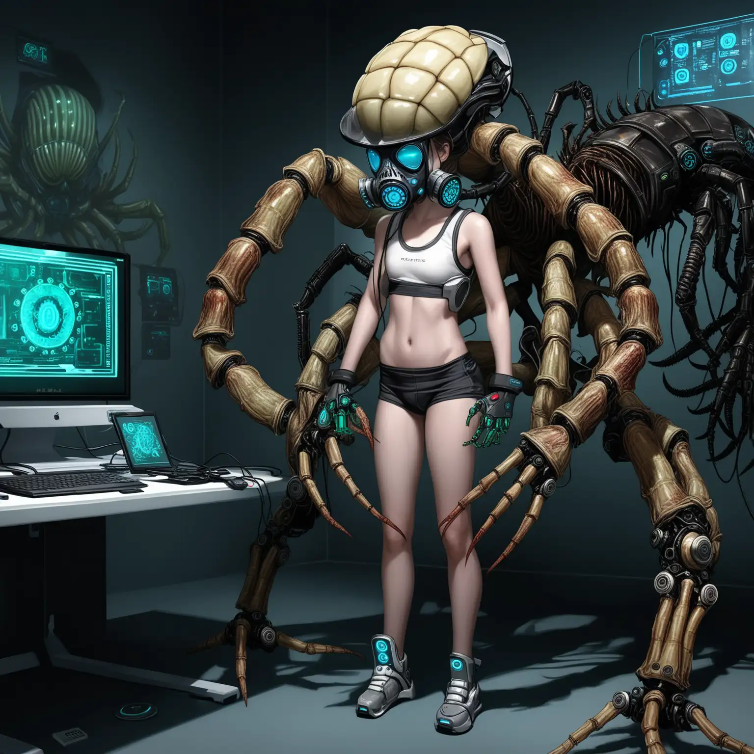 Young female athlete with six-pack Controled by a Computer Virus over her Interface, Robotic Face Hugger Helmet over her full Face with a Futureistic Gasmask and Facehugger covering her Vagina, Maschine replacing heart ,Full Body