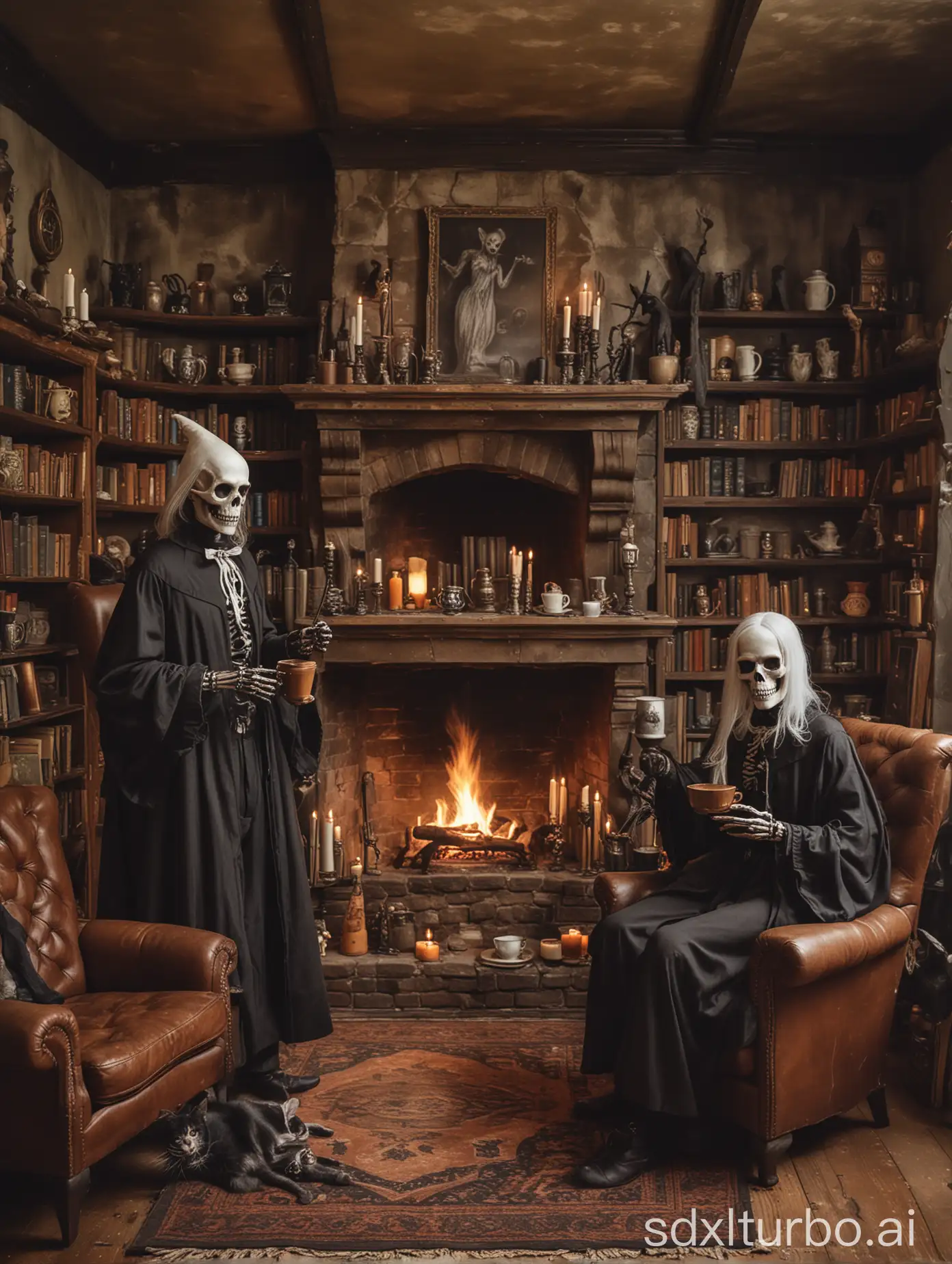 Ghouls and goblins sharing coffee in vintage coffee cups around a man size blazing fireplace in the living room of a haunted castle. Hovering ghosts visible, shelves with antique leather spell books, wands, black cat and witch, skeleton