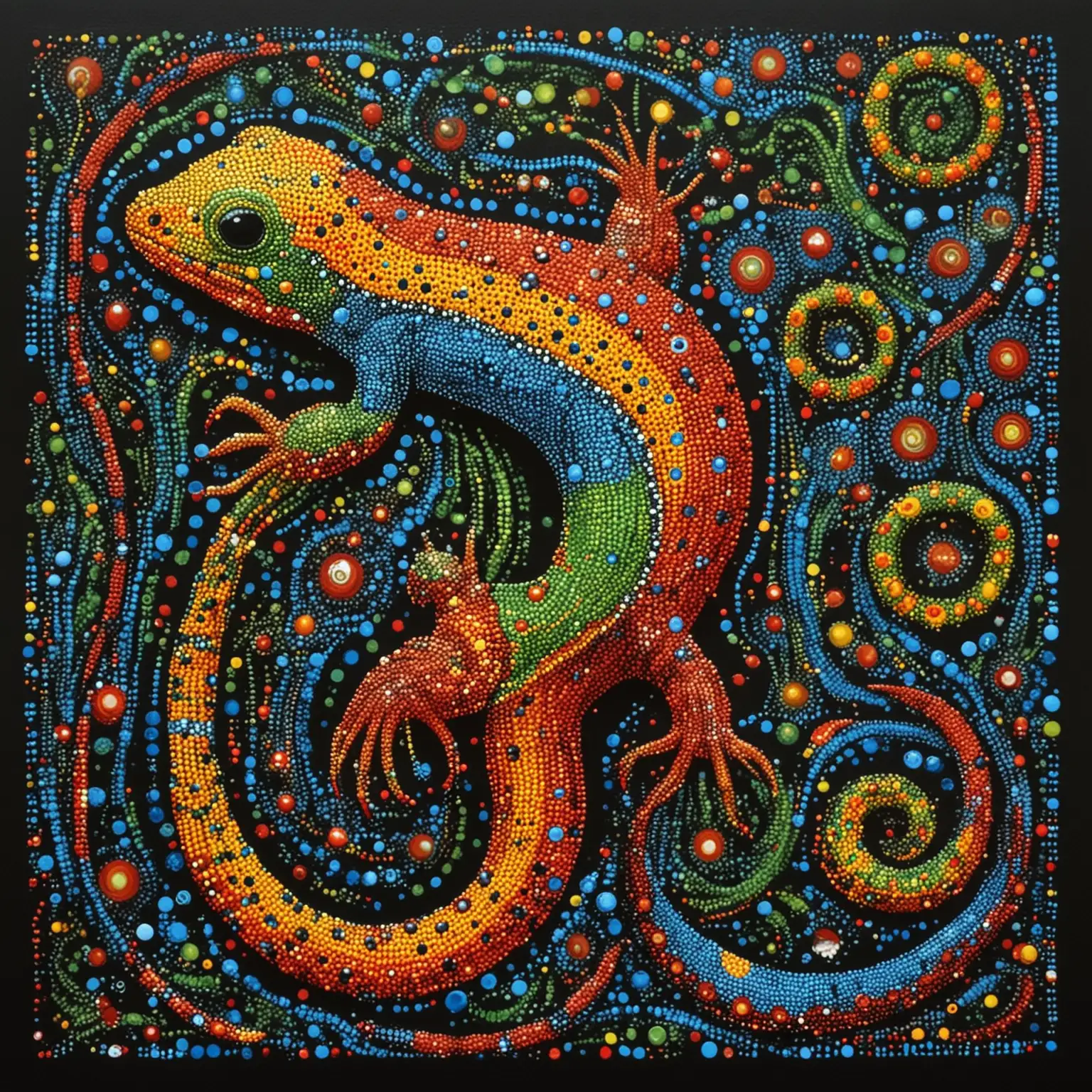 Aboriginal Dot Art of Salamander in Green Yellow Blue Red and Black