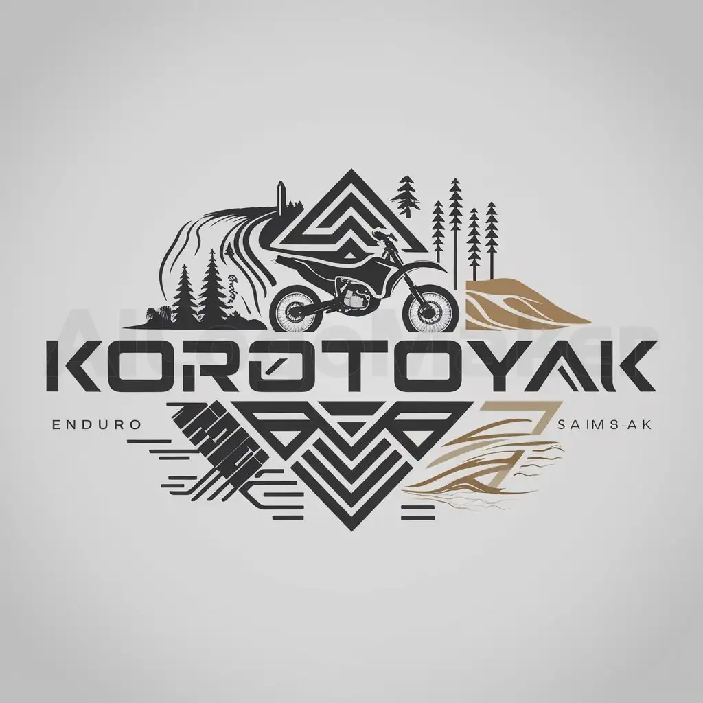 a logo design,with the text "Korotoyak", main symbol: , enduro motorcycle , forest , river , sand  ,complex,clear background