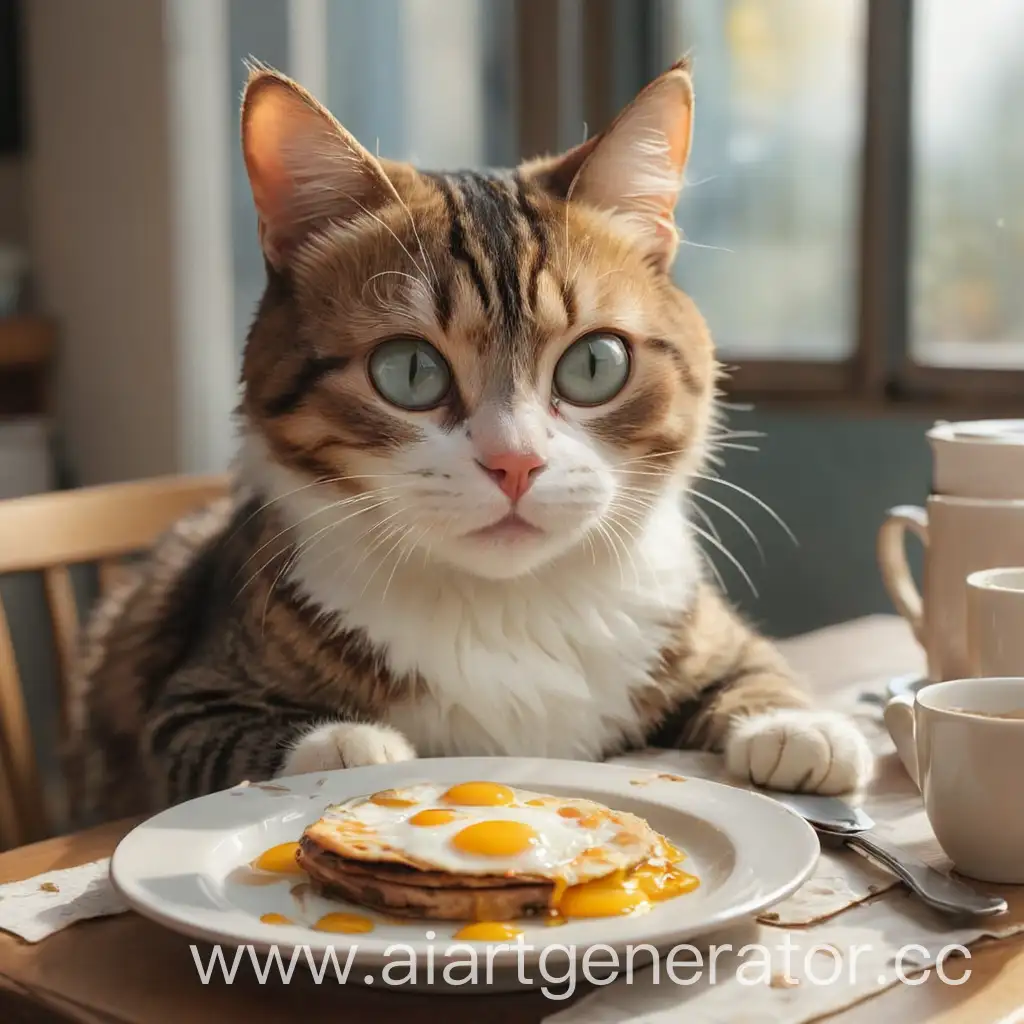 Кот с прозрачными патчами под глазами сидит за столом, завтракает