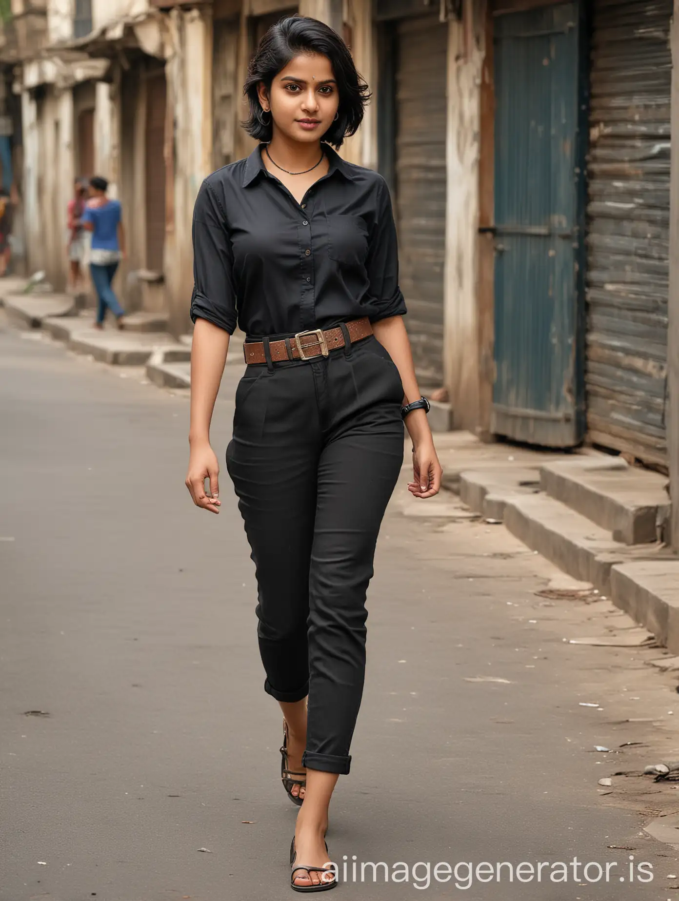 Indian women aged 20 to 25 years. short haircut wearing There is a belt on the waist , Nupur has feet, watches, waist belts and black shirts and black pants, two earrings in their ears, walking on the street. ,Smartphone Photography, Ultra Realistic, Aperture F 2.5, Golden Ratio.