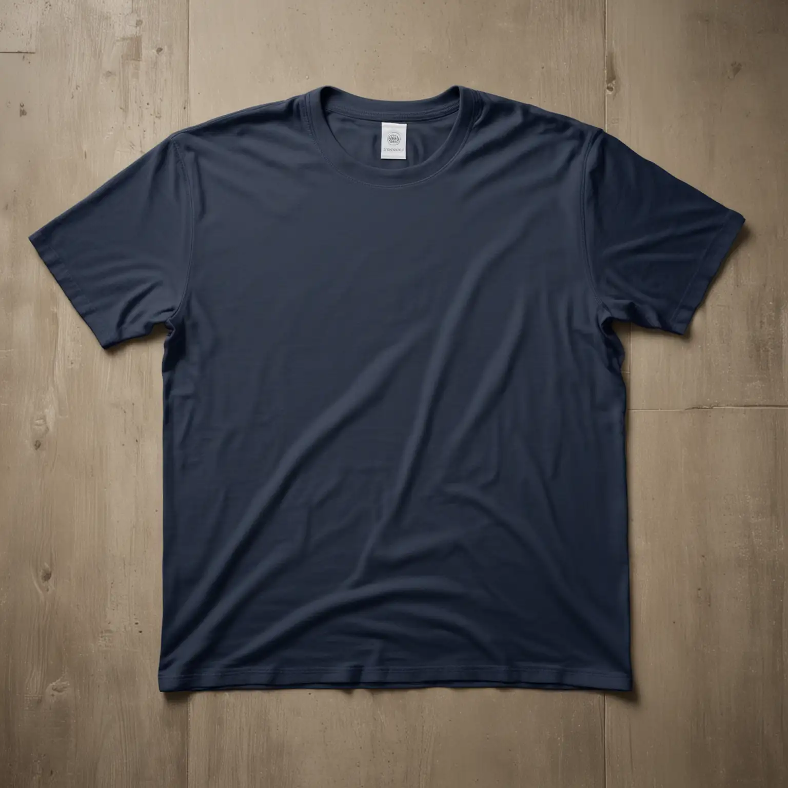 HYPER REALISTIC textured ironed simmetrical proportional 100% cotton bella canvas 3001 navy tshirt no wrinkles, lied on floor seen from above with solid contrasting background floor