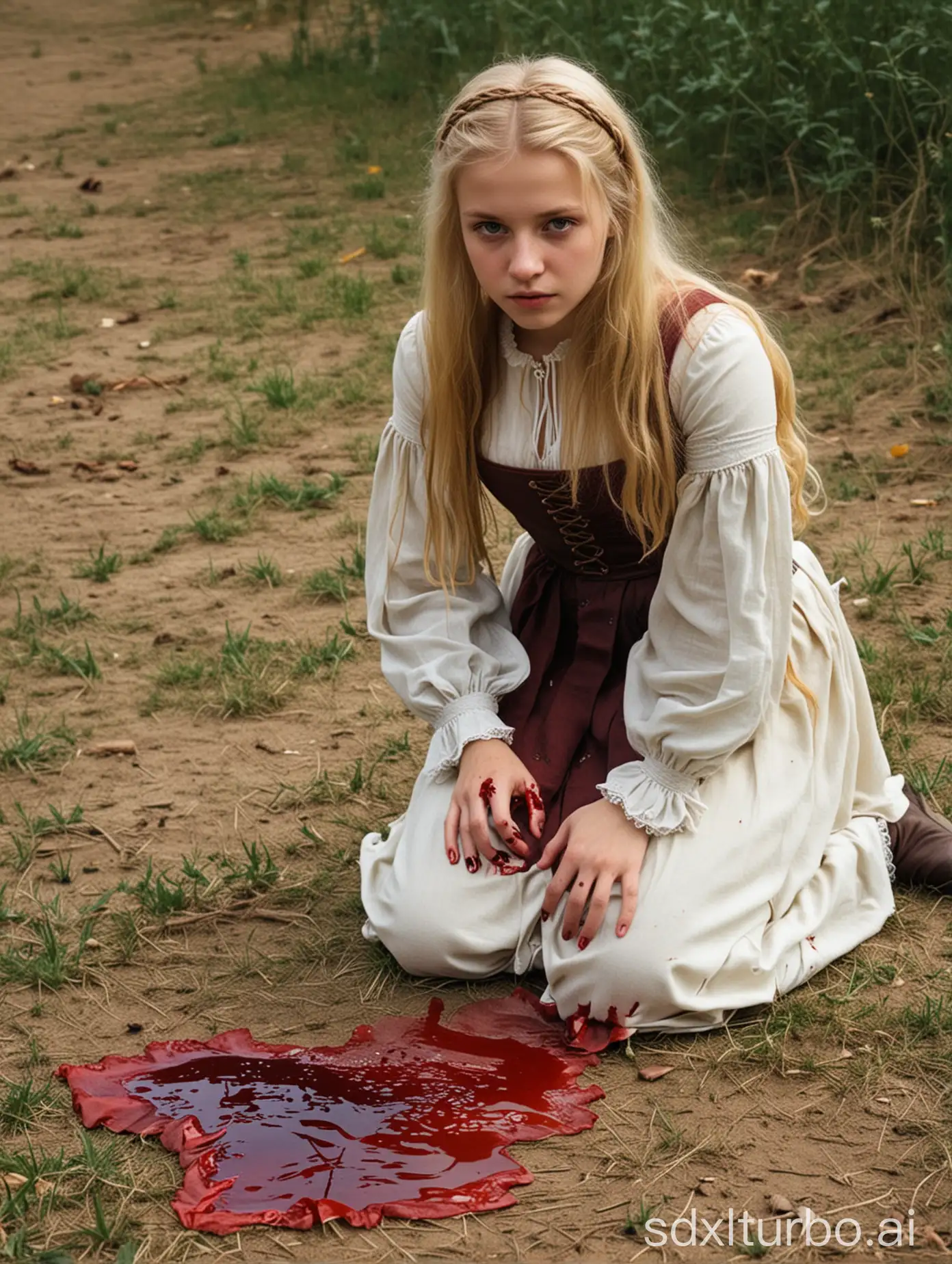 blonde girl 15th century clothes kneeling blood stained
