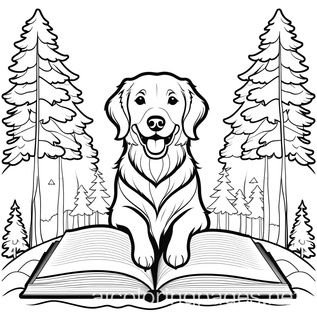 happy golden retriver dog ready a book make it all in white with forest back ground , Coloring Page, black and white, line art, white background, Simplicity, Ample White Space. The background of the coloring page is plain white to make it easy for young children to color within the lines. The outlines of all the subjects are easy to distinguish, making it simple for kids to color without too much difficulty