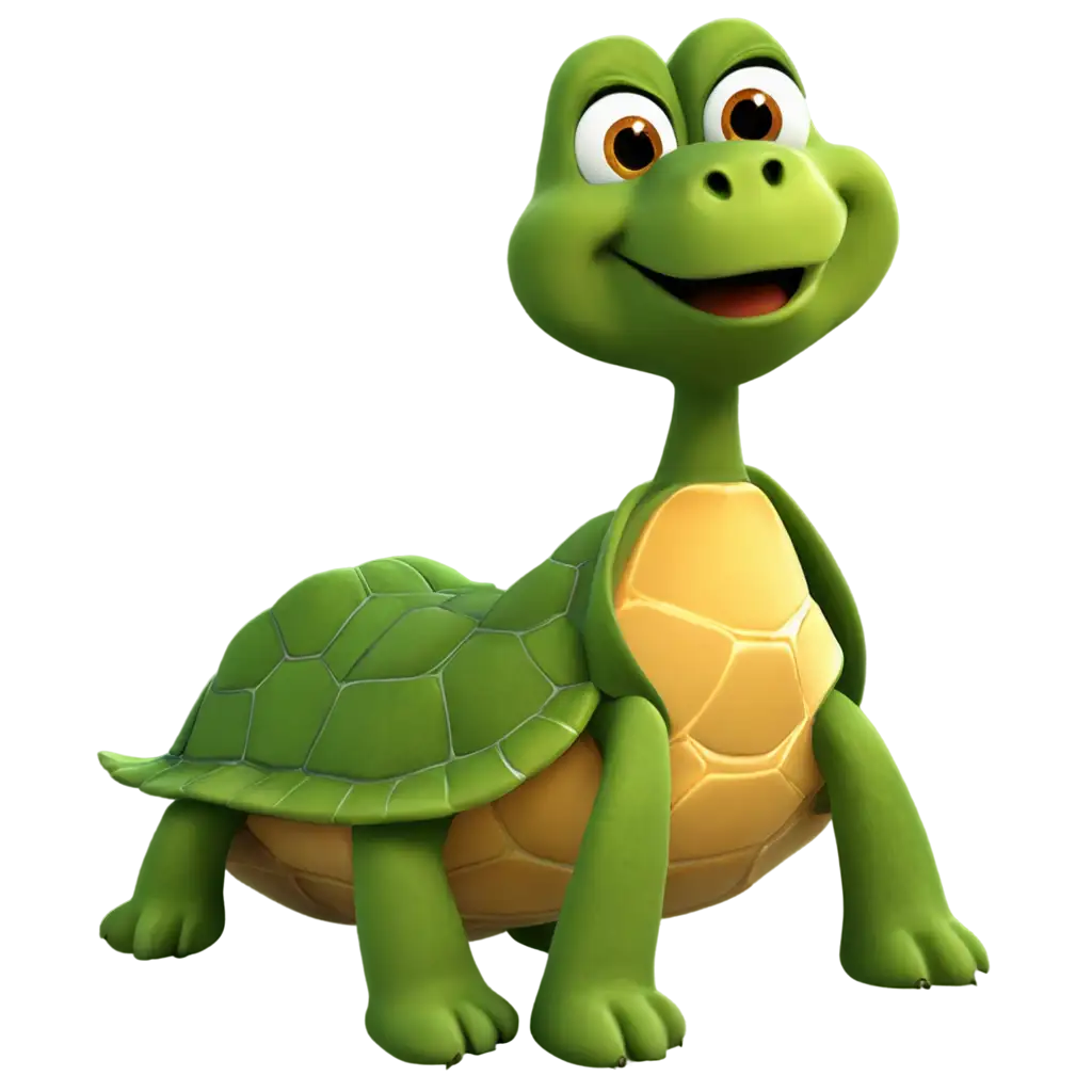 the turtle speaks very fast, lip-syncing and stretching his neck, cartoon style