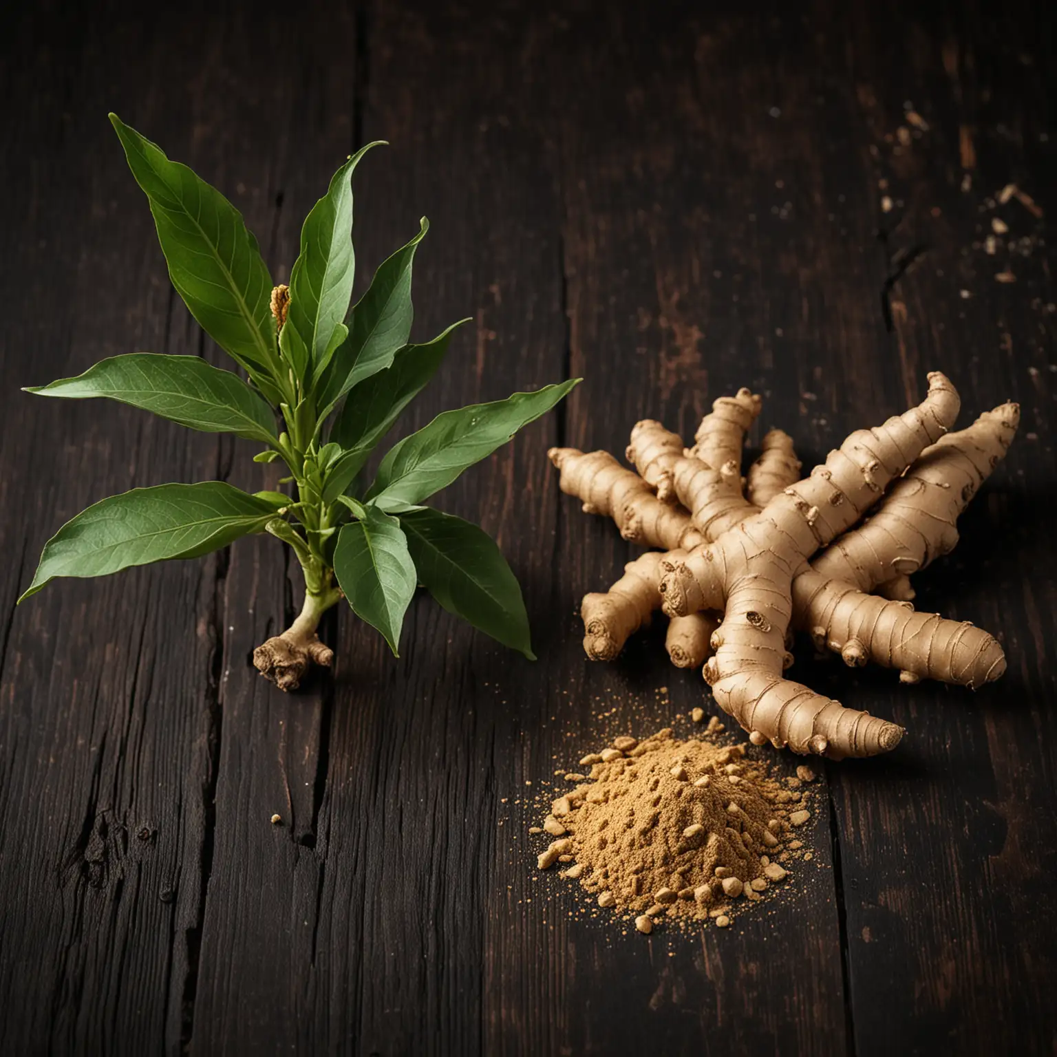 Ginger plant in stem, root, and powder form on dark wooden table with selective focus