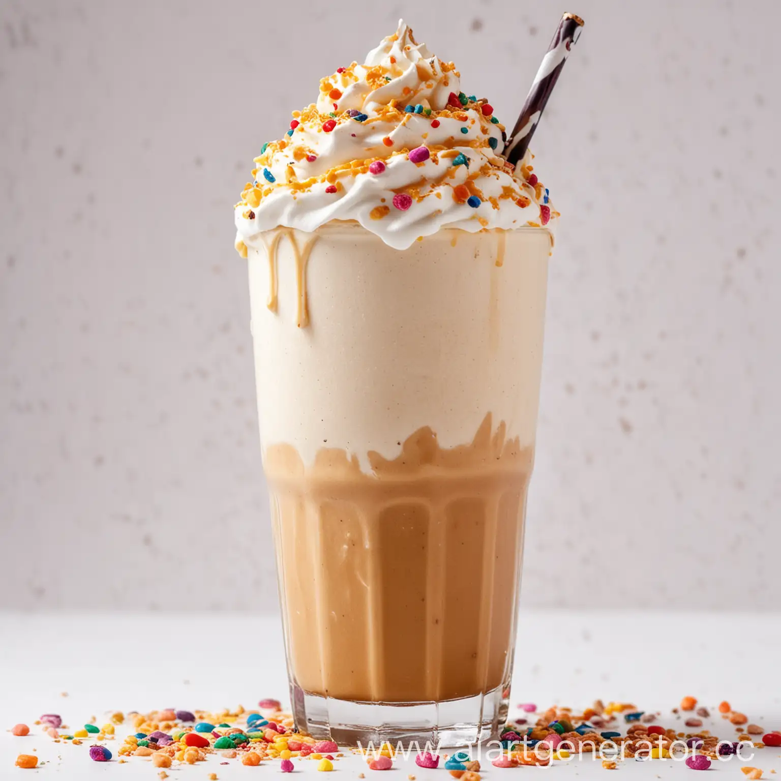 Make a picture with a caramel latte milkshake, milkshake background in a white shade, uniform white background, without unnecessary details, studio photo, make it appetizing, with syrup, colorful crumbs on top, and bottom with topping and overflows