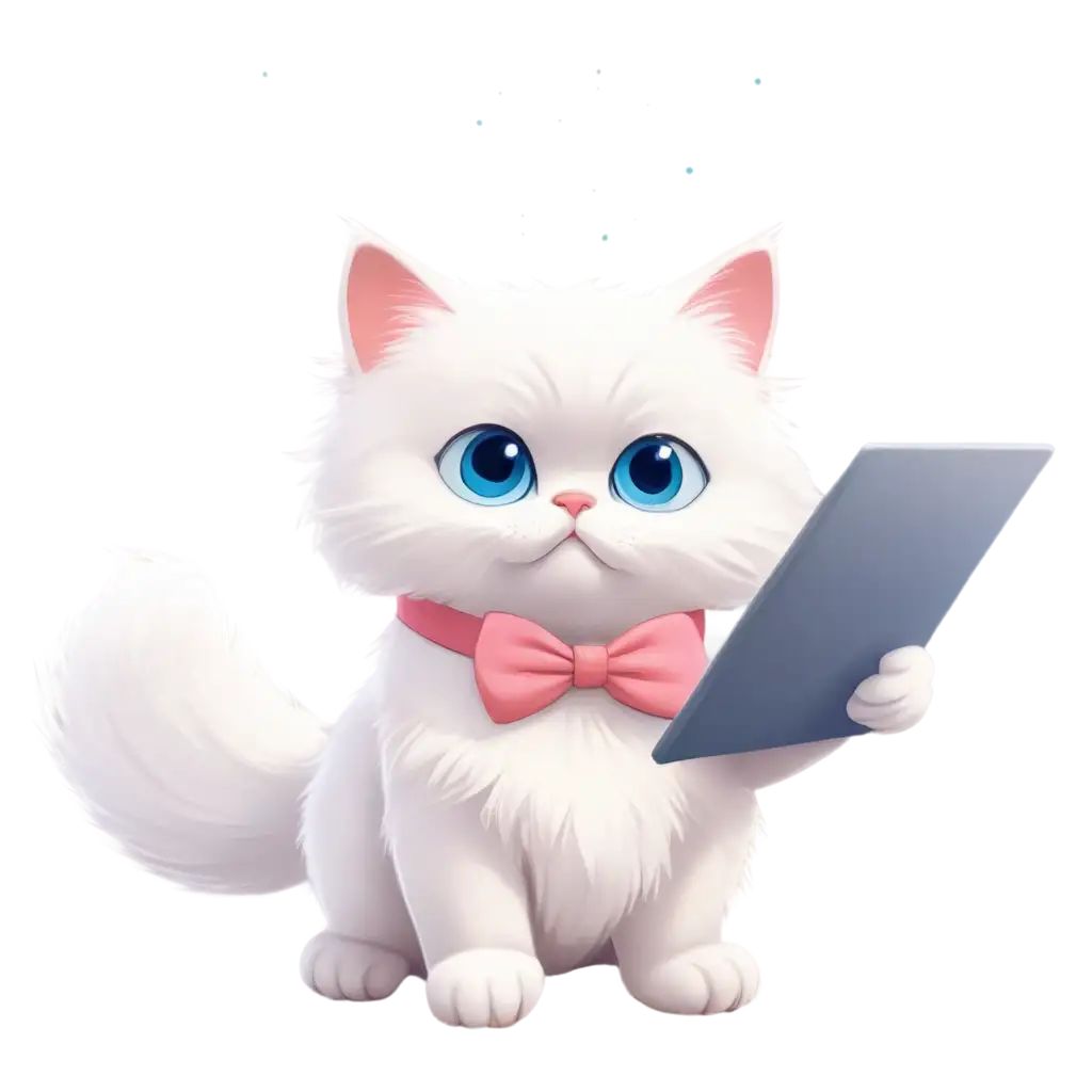A simplified 2d comic cartoon character :  a fluffy white Persian kitten with bright blue eyes,wearing tiny pink bowtie and simplified white diapers,lying,focused on typing with its tablet, while looking at it.