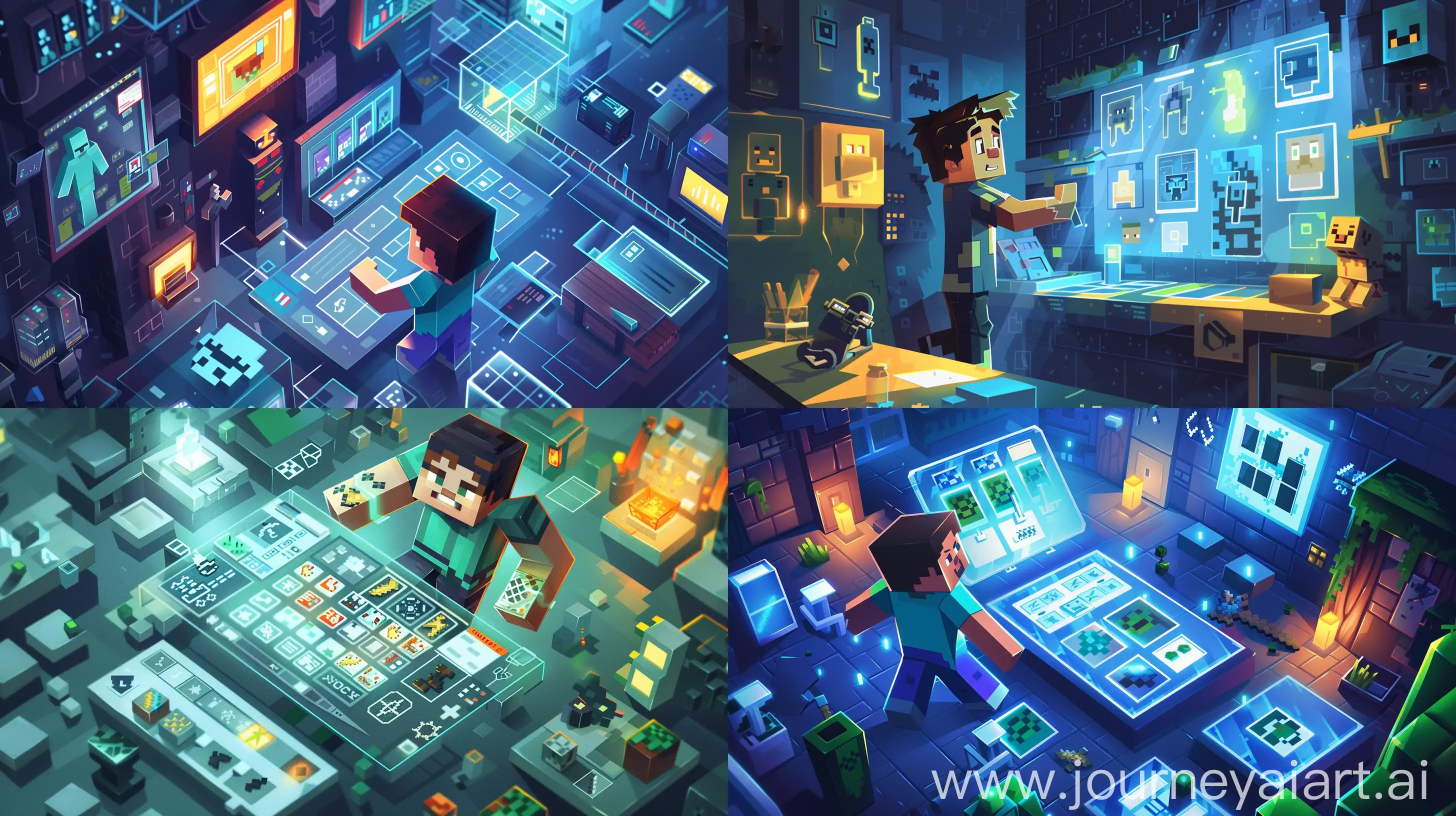 An illustration depicting a character immersed in a Minecraft world, engaged in activities related to skin creation and customization. The scene showcases the character navigating through the process step by step, from creating new skins to modifying existing ones. Various tools and options are visually represented, guiding the viewer through the intricacies of skin customization. The character's expressions and interactions with the interface convey a sense of enthusiasm and focus on the creative process. The Minecraft environment serves as the backdrop, with recognizable elements such as blocks, tools, and textures adding authenticity to the scene. Light sources strategically illuminate key aspects of the interface, enhancing clarity and focus. The composition emphasizes the user-friendly nature of the skin customization process, inviting viewers to explore and experiment with their own creations. --ar 16:9 