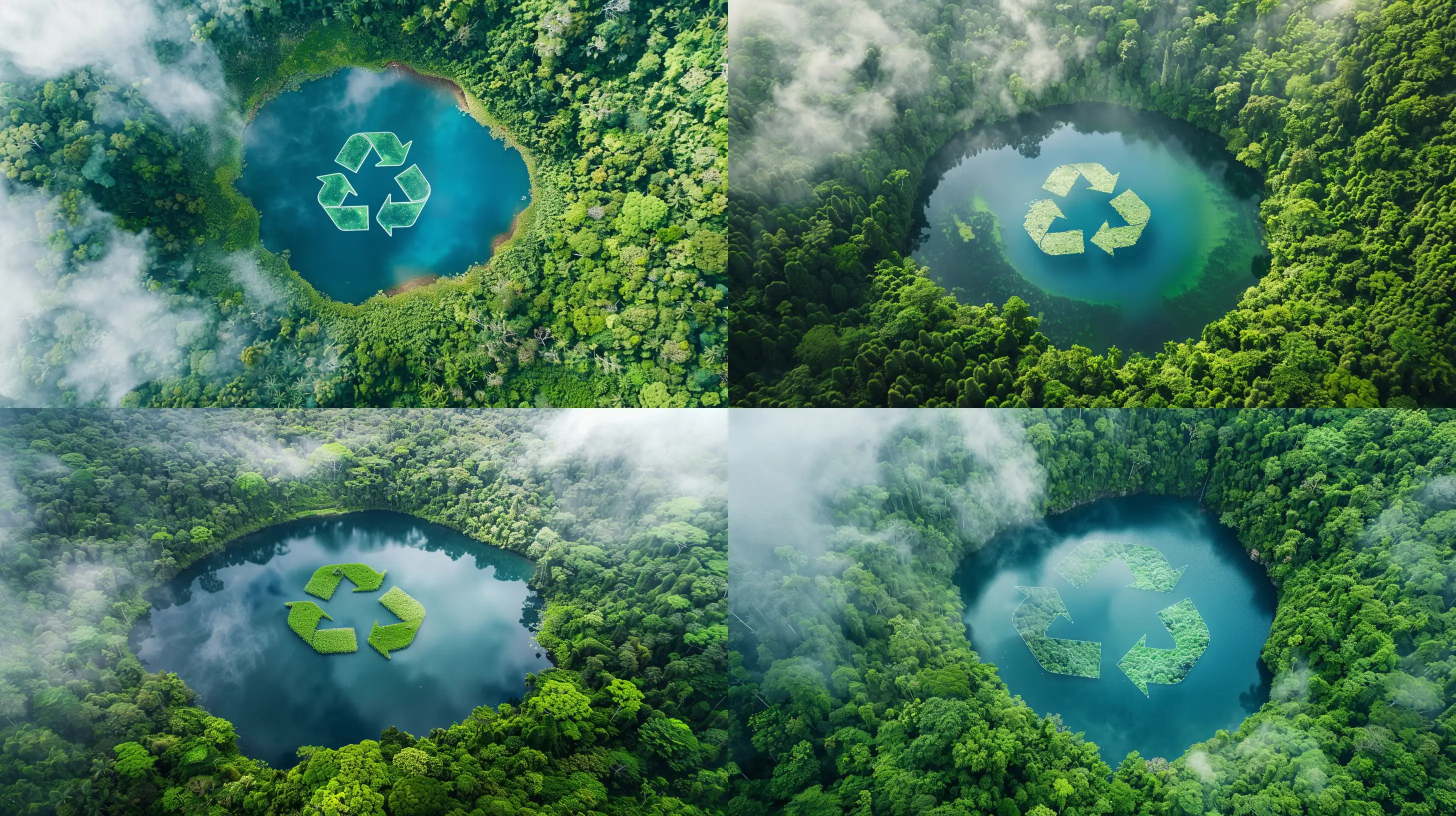 Create a stunning aerial view of a lush green forest with a large, clear lake in the center forming the shape of a recycling symbol. The image should capture the contrast between the dense, vibrant greenery and the crisp blue waters of the lake. Mist or clouds should be drifting around the edges of the forest, adding a mystical quality to the scene. The focus should be on the environmental theme, symbolizing sustainability and nature conservation, with the recycling symbol cleverly integrated using the natural landscape --ar 16:9