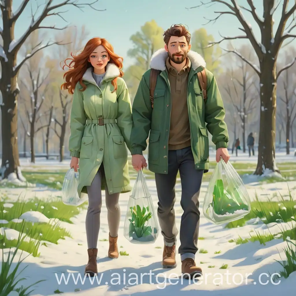 мультяшная весна, снег и зеленая трава,  мужчина с женщиной идут с прозрачной сумкой по парку 