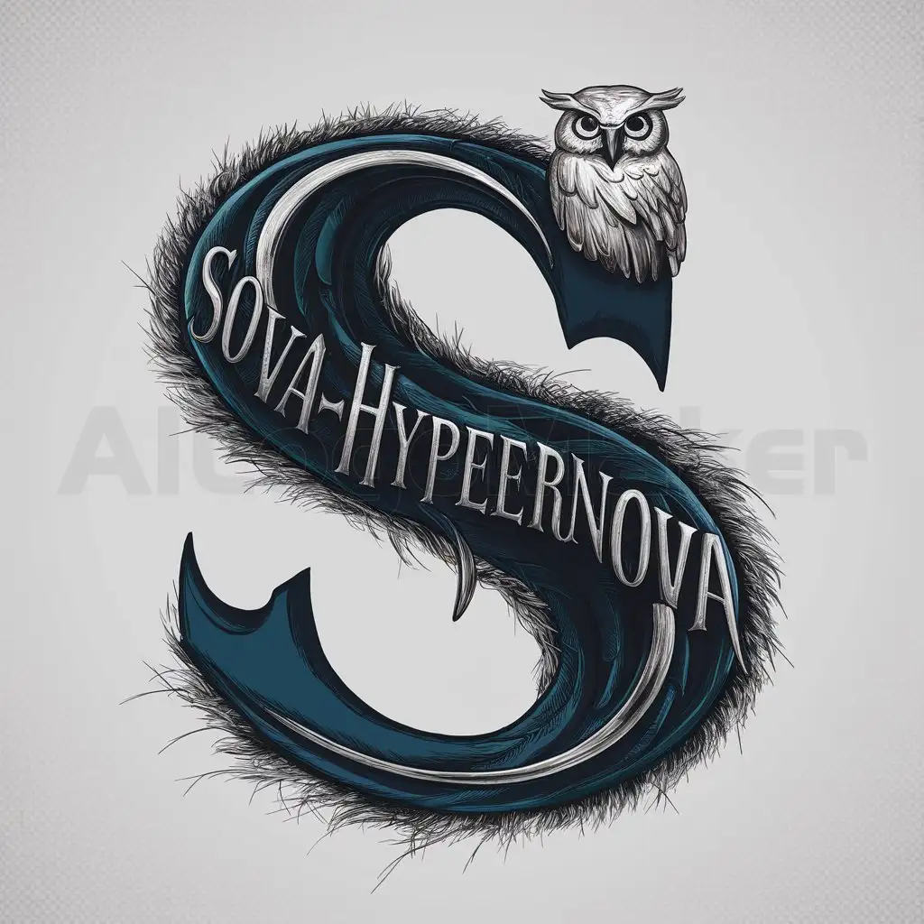 a logo design,with the text "Letter S with inscription SOVAHYPERNOVA", main symbol:owl,complex,clear background