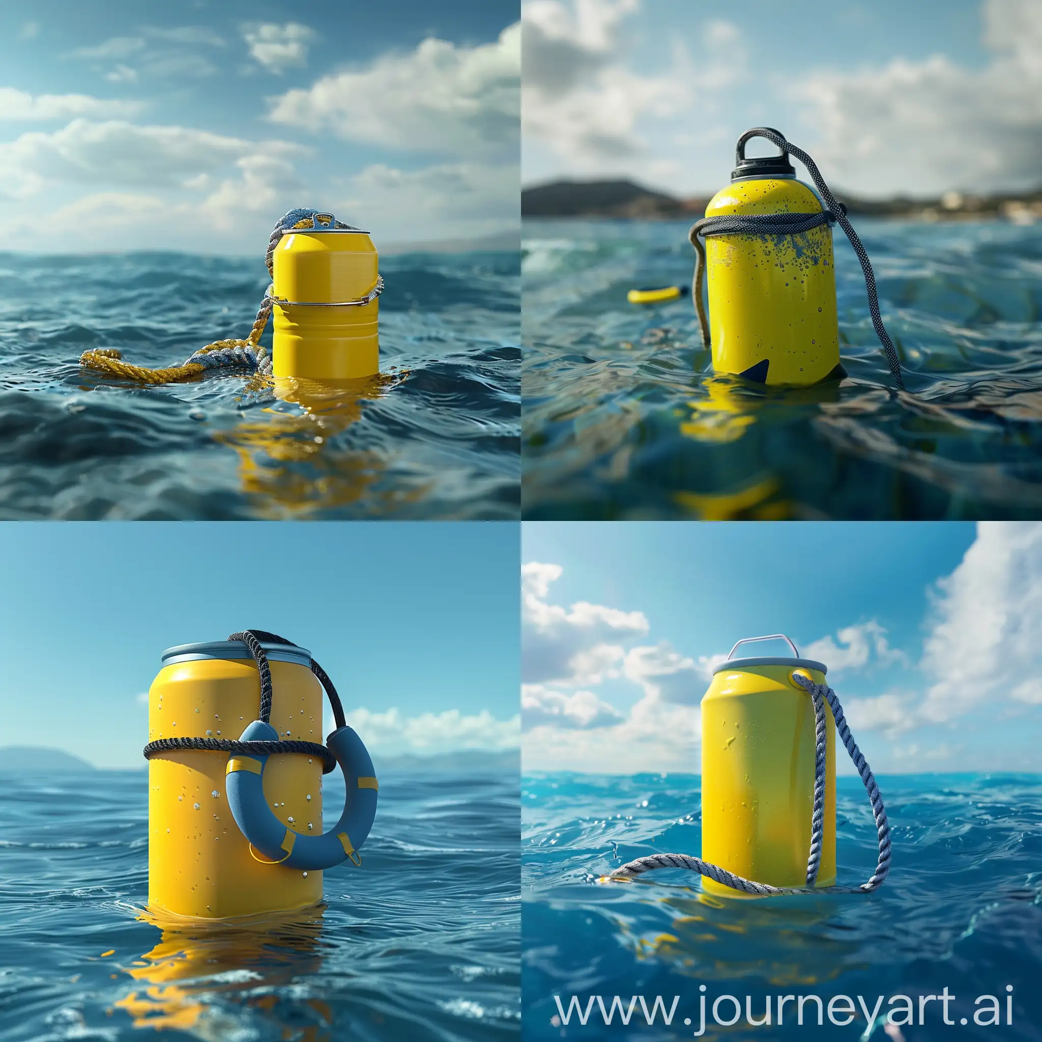  a simple yellow energy drink can in blue Lifebuoy in ocean Emergency lifesaver buoy in water. Saving Lives . Lifeguard equipment with rope floating in sea. photorealistic