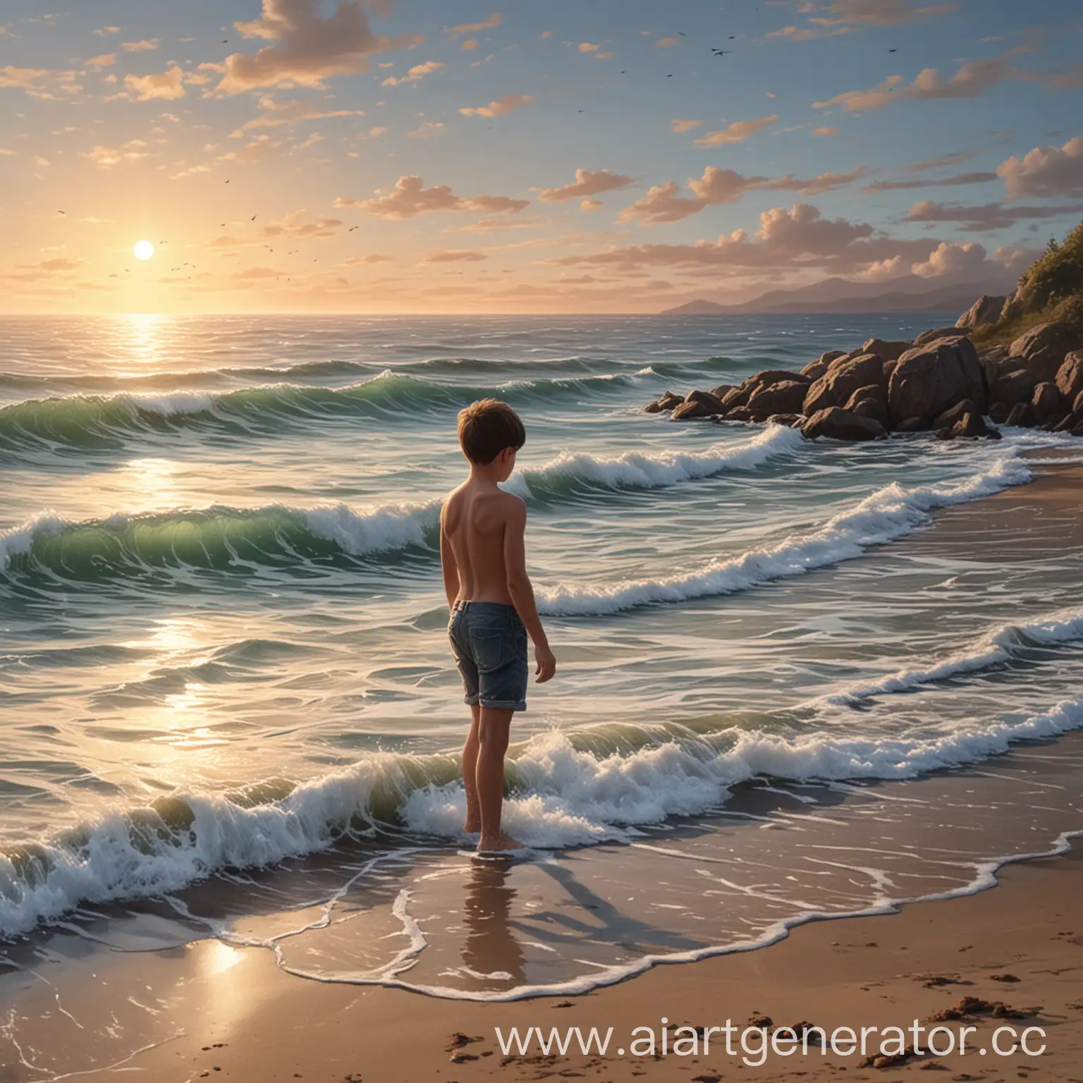 Boy-Standing-on-Ocean-Shore-at-Sunset