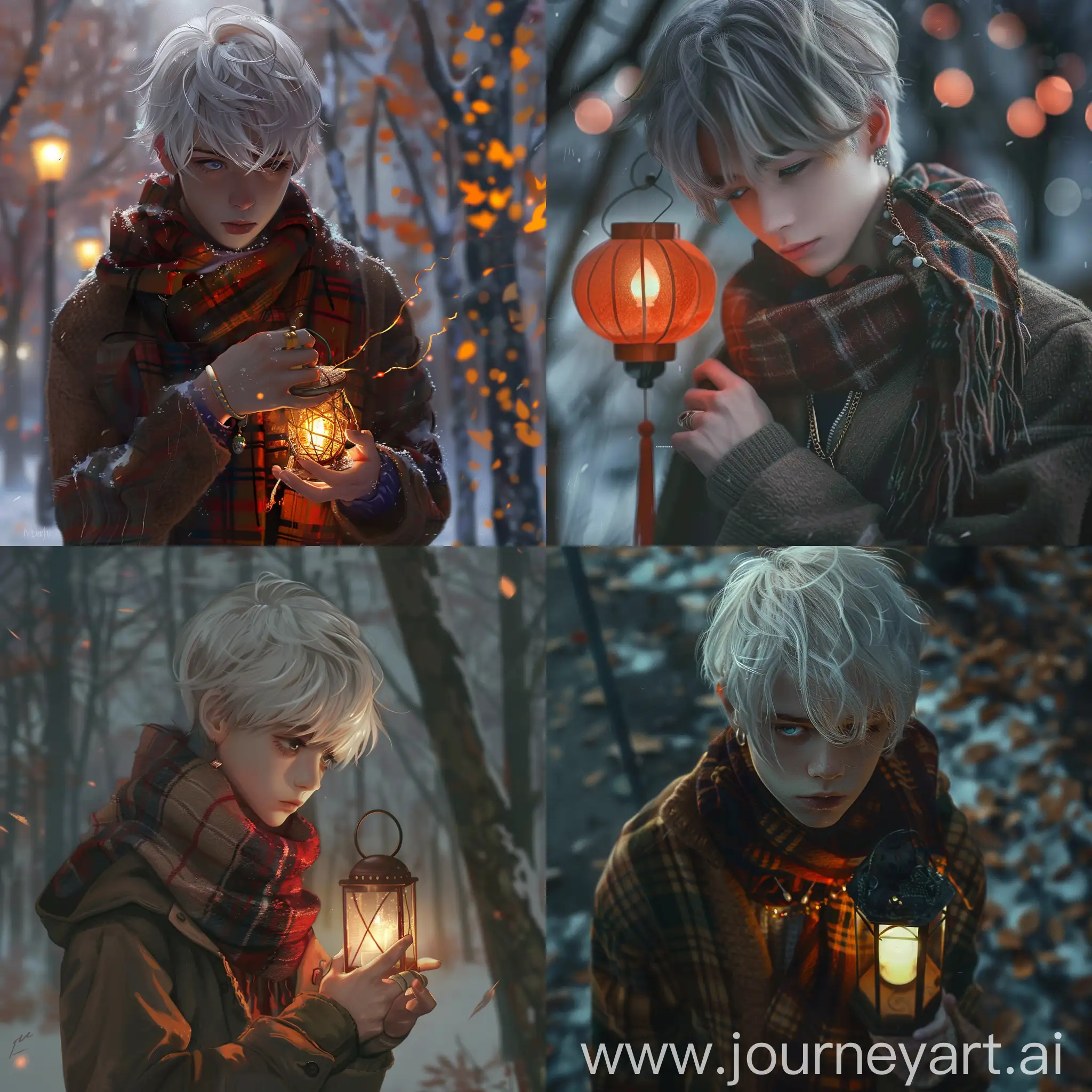 hyperrealism, 1boy, bangs, blue eyes, brown coat, coat, hair between eyes, holding, jacket, jewelry, lantern, long sleeves, looking down, male focus, necklace, outdoors, paper lantern, plaid, plaid scarf, red scarf, scarf, short hair, solo, sweater, upper body, white hair