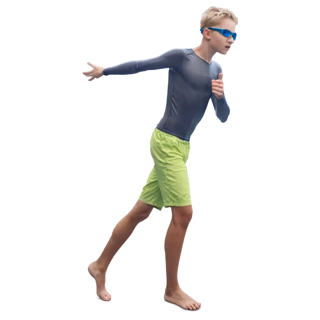 Blond boy with normal clothes, but he is wearing swimming goggles