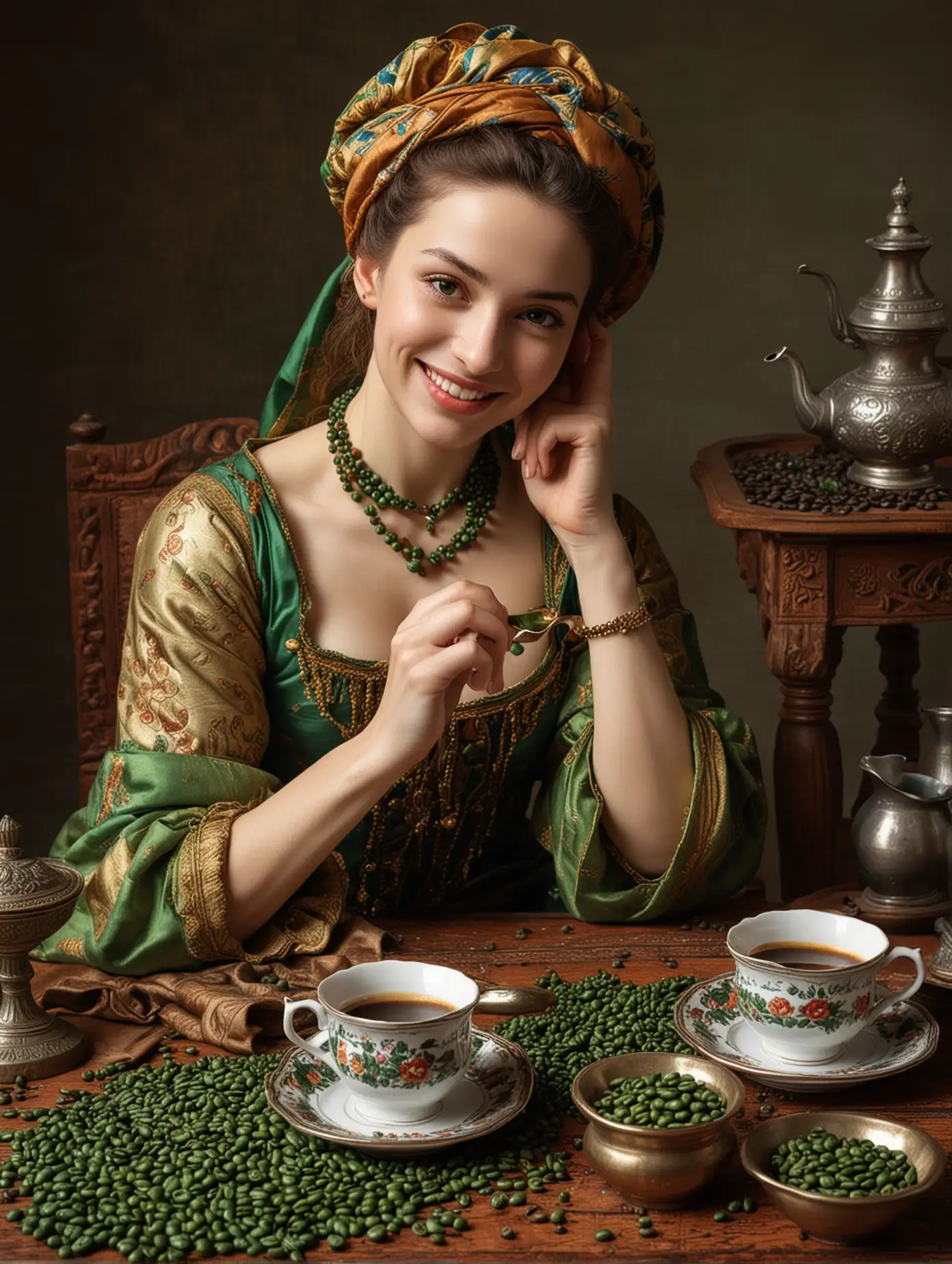 Make exactly like the image A gorgeous beautiful 17th century odalisque slightly smiling, drinking coffee and green coffee beans are split on the table with coffee cups and dishes like the image 