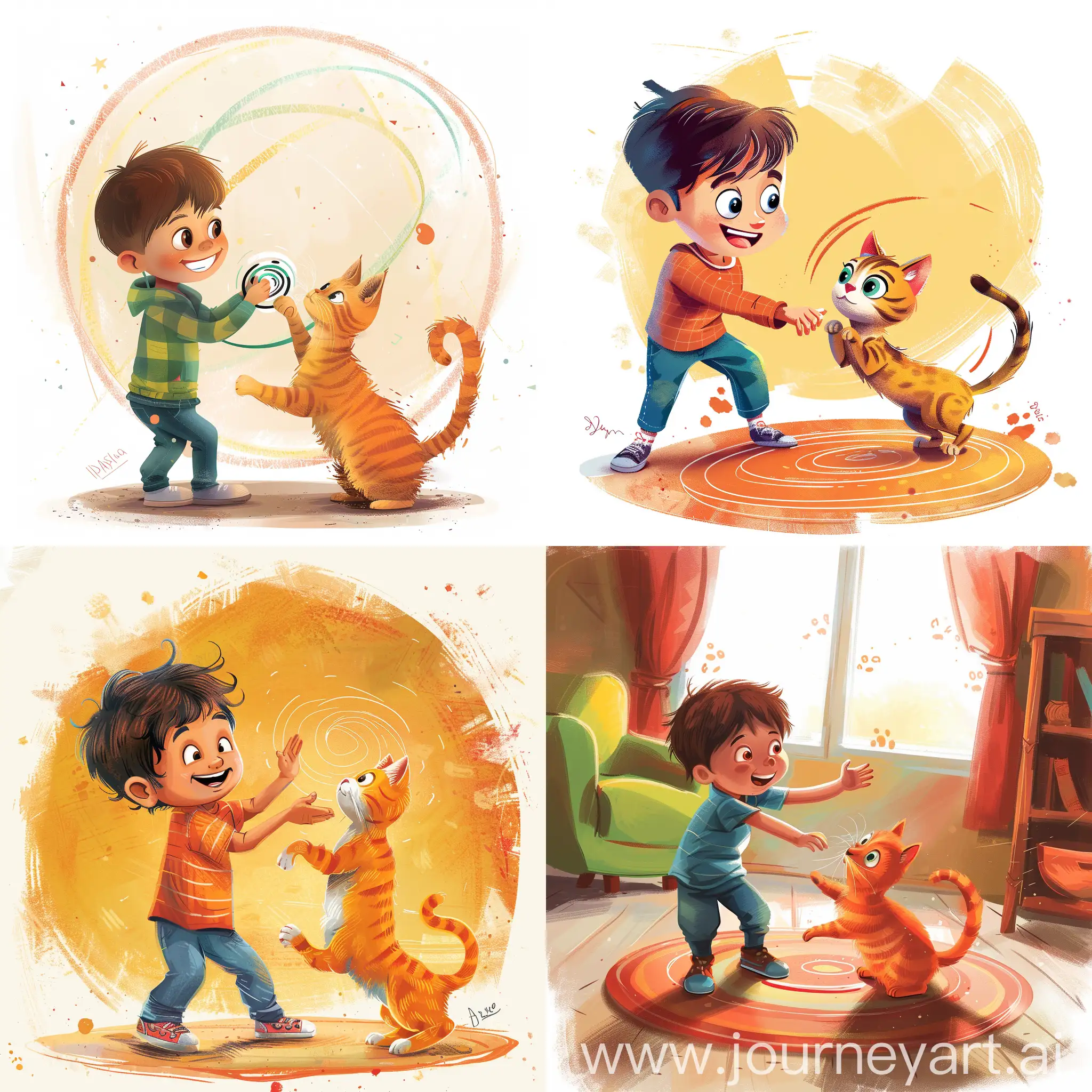 generate an illustration style of cute 4 years boy teaching his adorable cat how to spin in a circle. This illustration will be used for a children’s book expressive characters, vibrant colors, and whimsical elements that appeal to young readers
