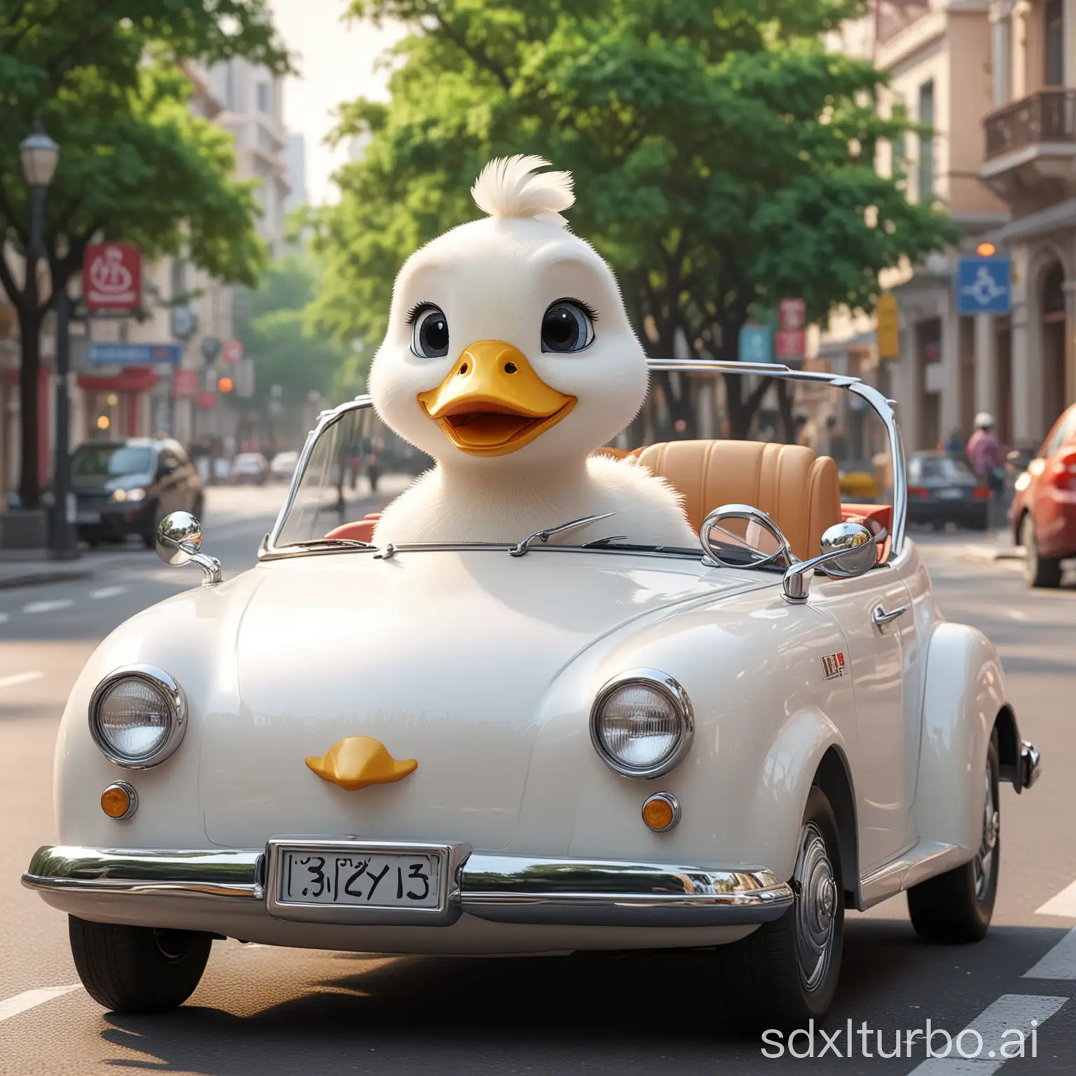 A white duck, cute, driving a Guangzhou car, no convertible, smiling, bright eyes, panoramic view, 3D Disney style, high quality rendering